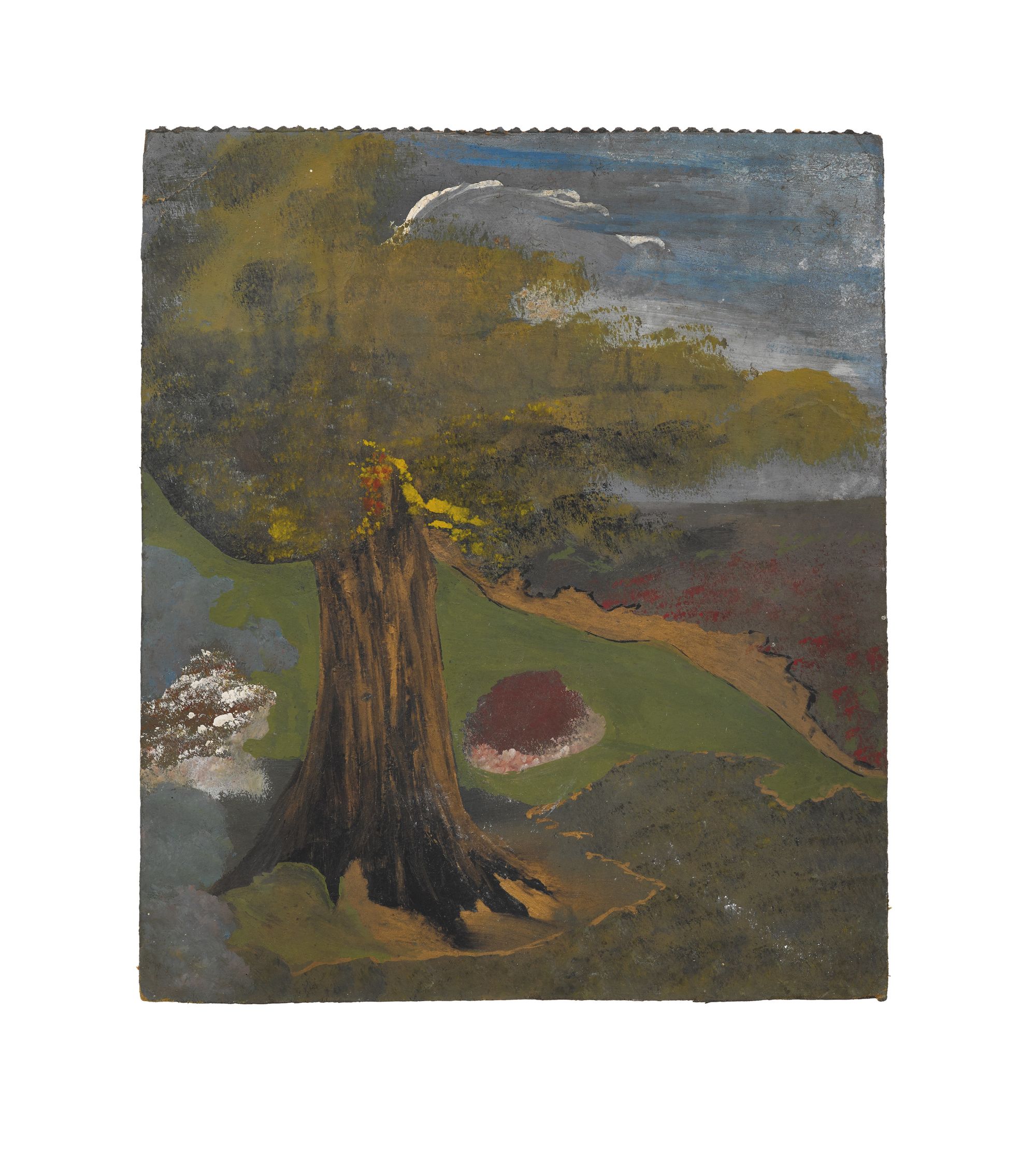 A soft landscape painting wherein a tree, viewed from above, intersects with a grassy hill.