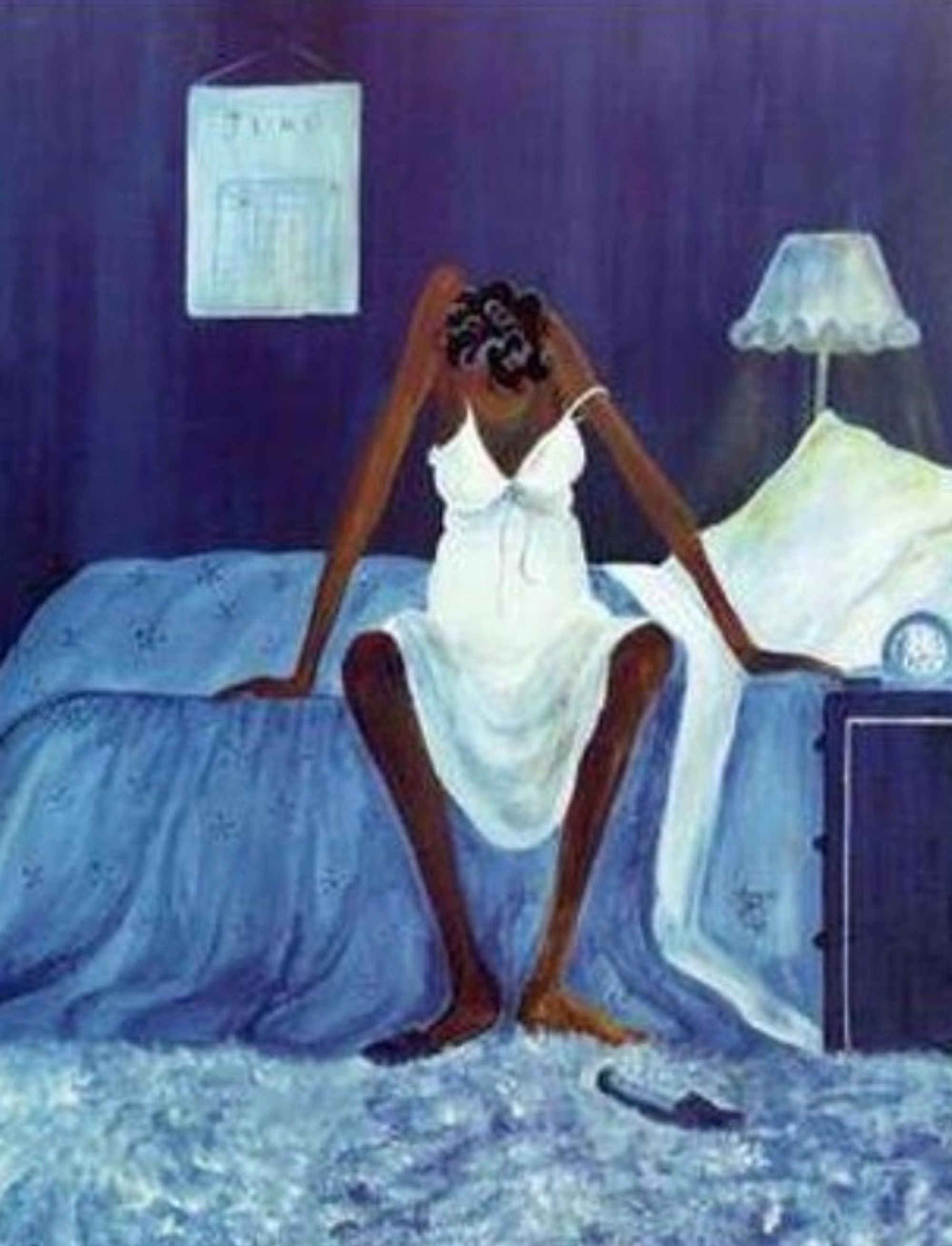 A painting of a black woman slumping over her bed
