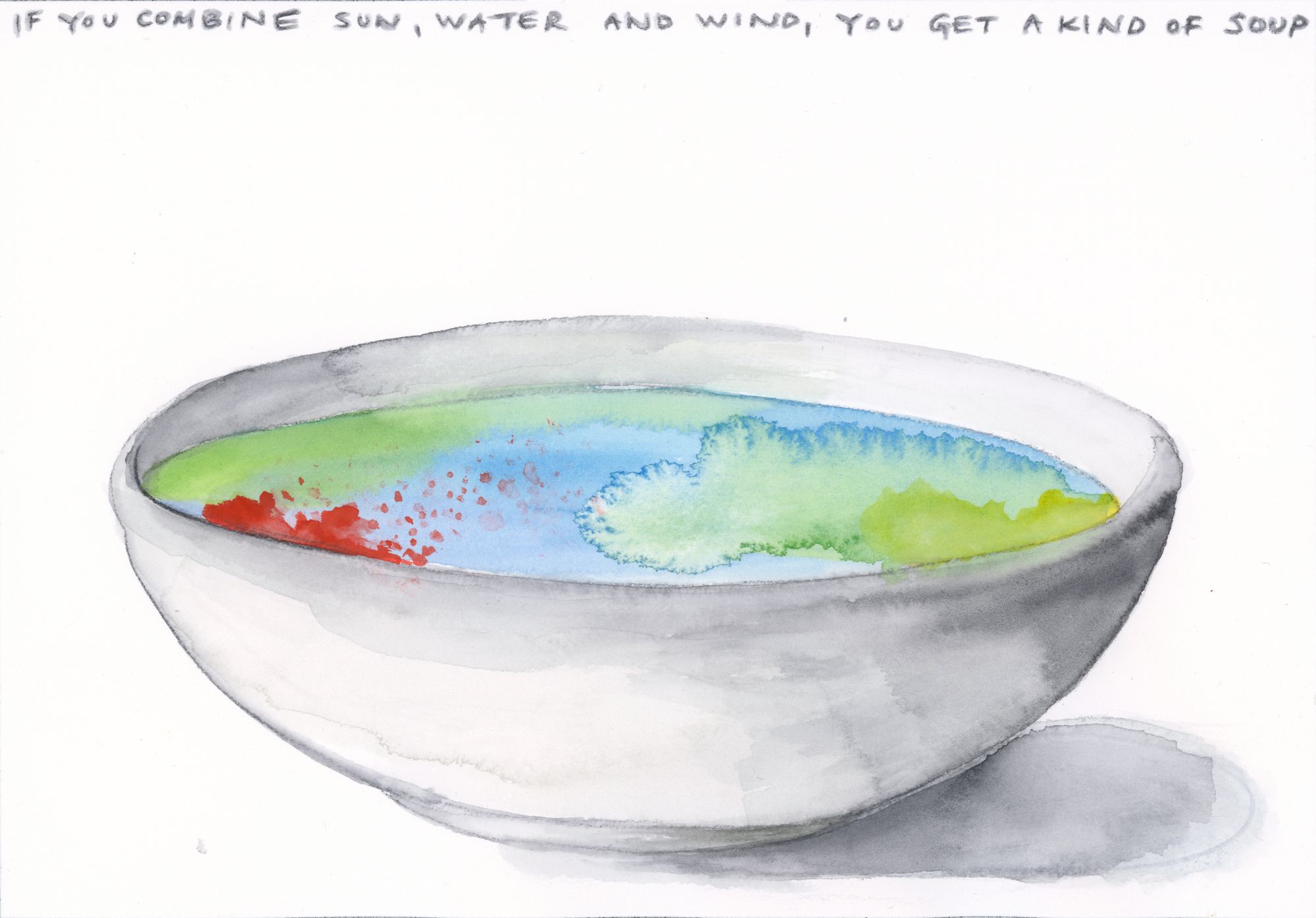 A bowl full of watercolors bleeding together, with the caption: "If you combine sun, water and wind, you get a kind of soup." 