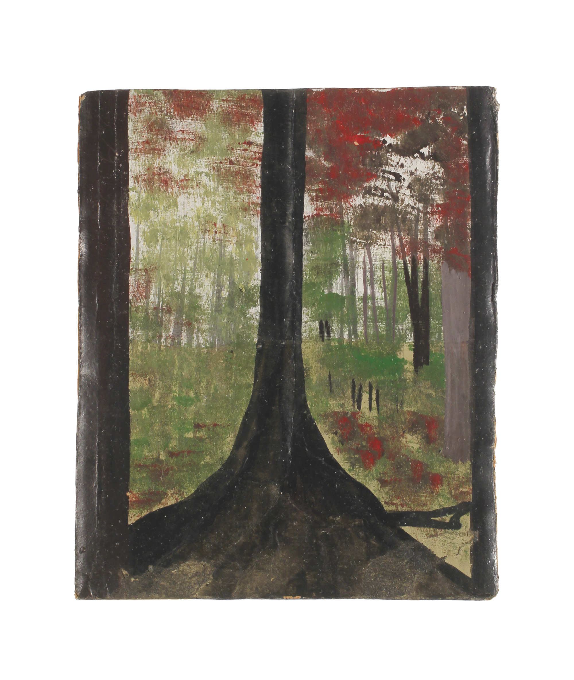 A painting of a tree trunk in the woods, with a smattering of reddish leaves falling from the top of the frame.