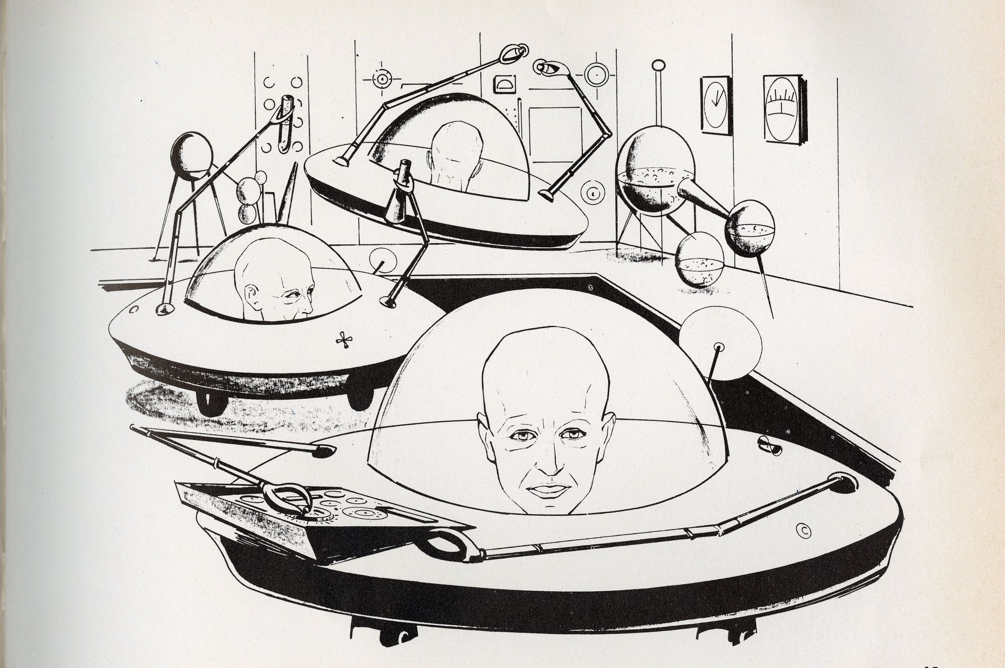 A black and white illustration of UFO-saucers with large human heads on the inside
