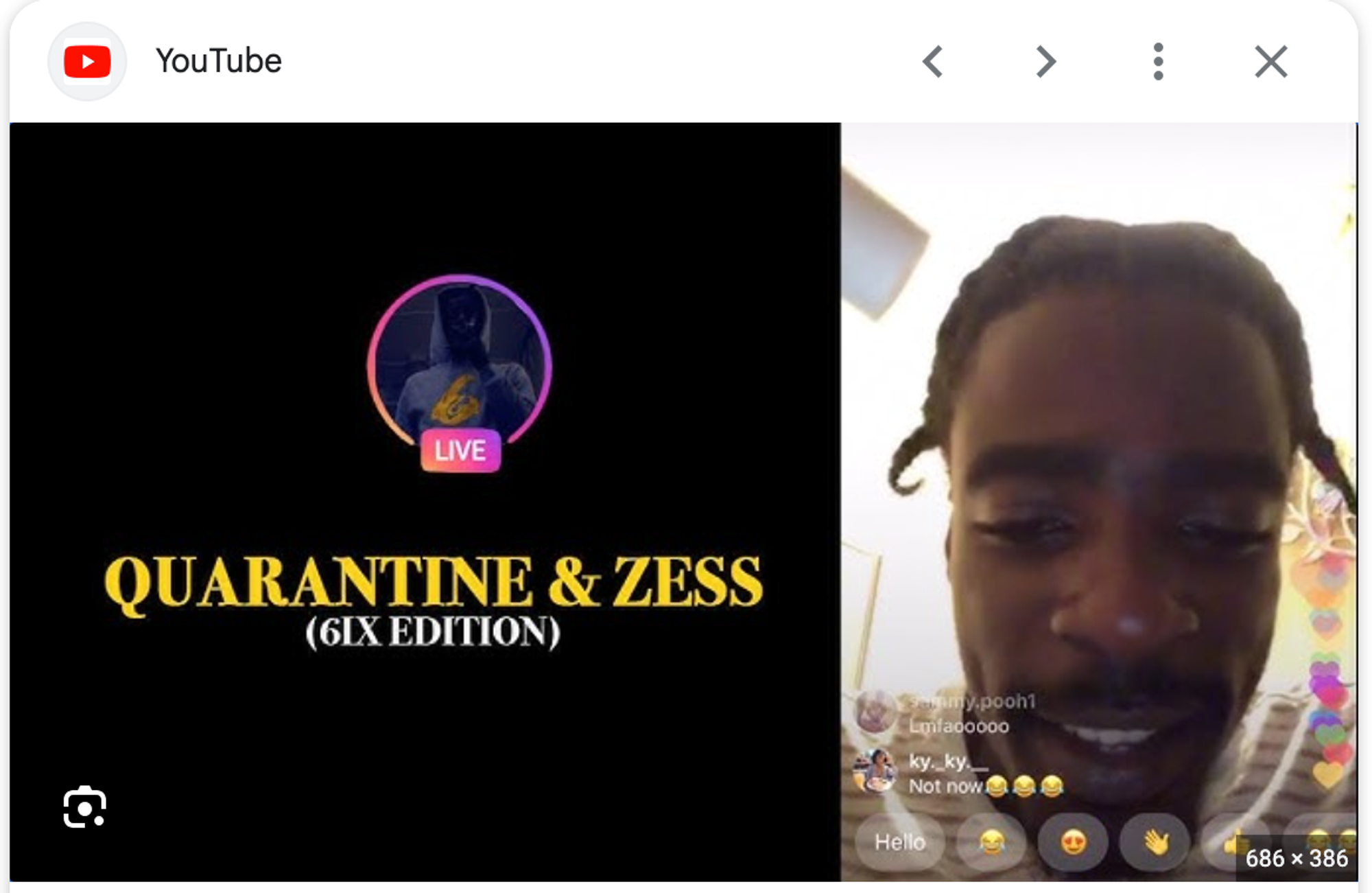 A split screen showing a YouTube live, wherein a man speaks to a crowd of virtual viewers that react with crying laughing emojis and hearts. On the left side, on top of a black background, reads "QUARANTINE & ZESS (6IX EDITION)"