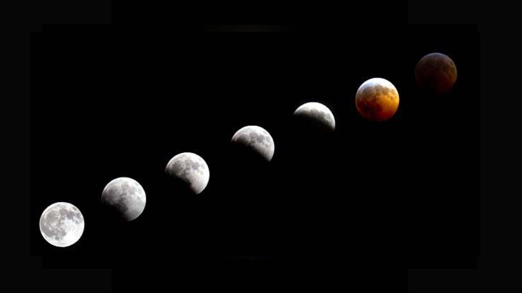 A series of lunar eclipse photos taken across two hours in Palmer, Alaska