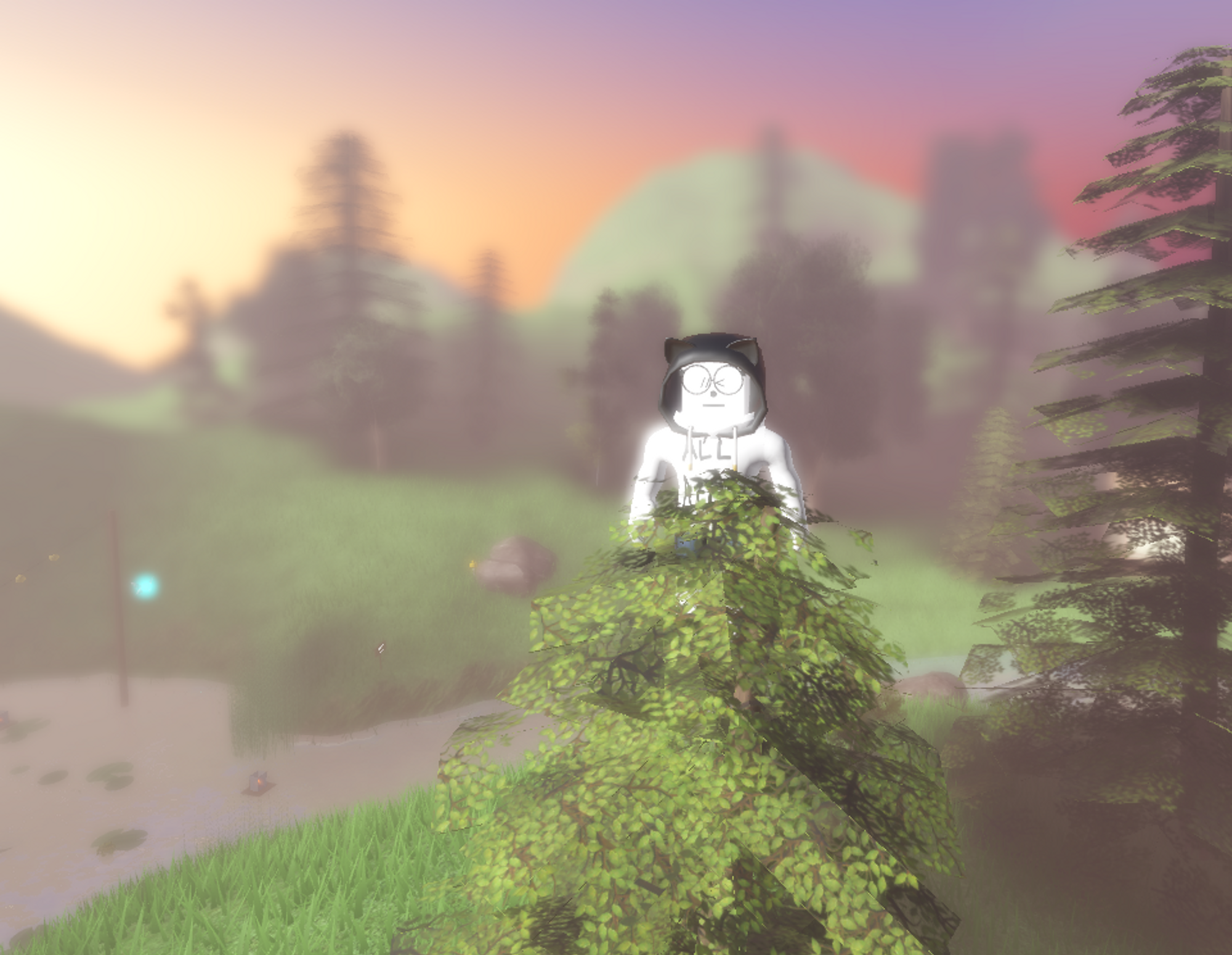 Image of my avatar, a white cartoon-style figure, standing in the top of a pine tree with a blurry mountainous landscape and sunset in the background.