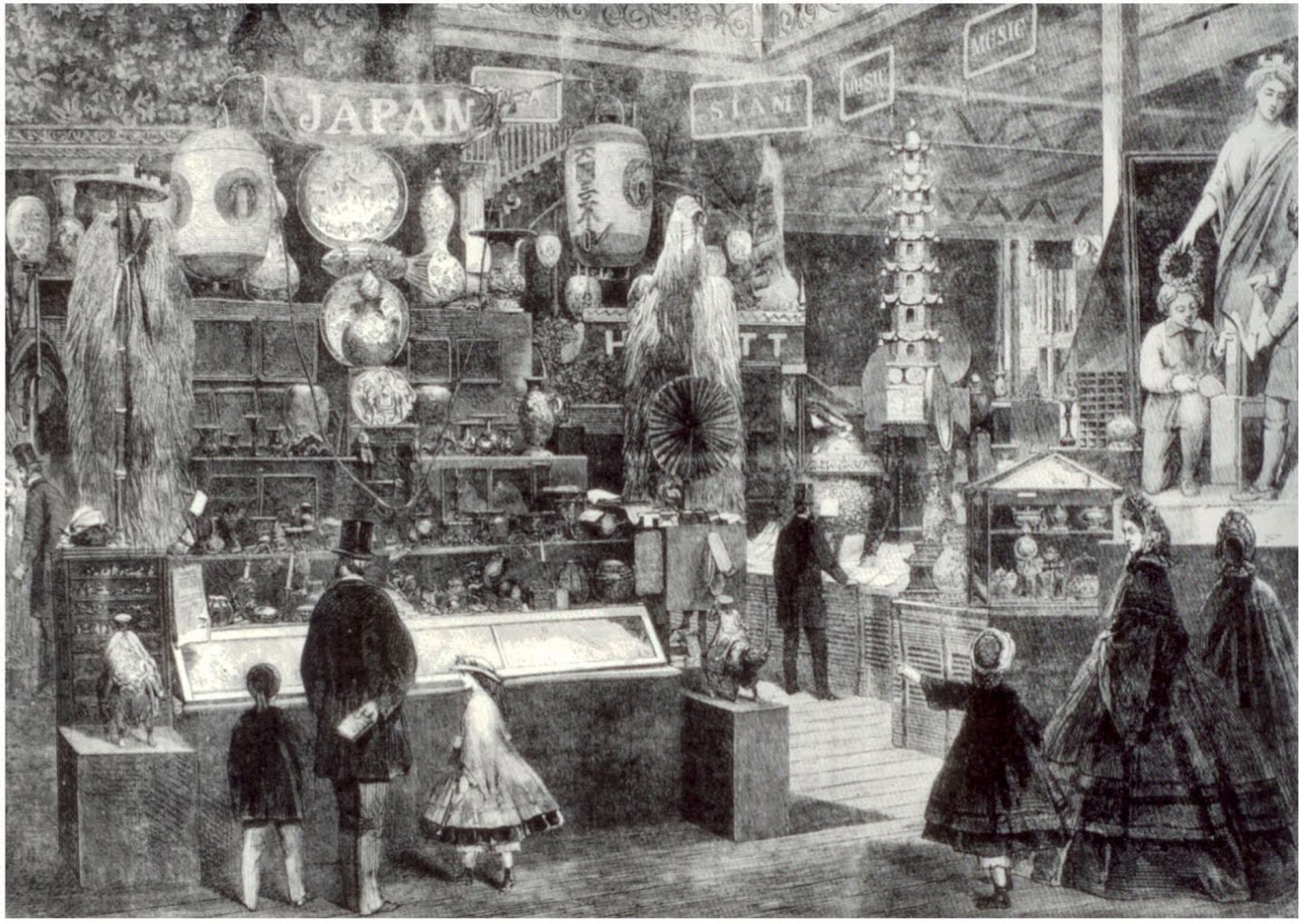 A Victorian family ogles exotic, Eastern goods at the world fair in London.
