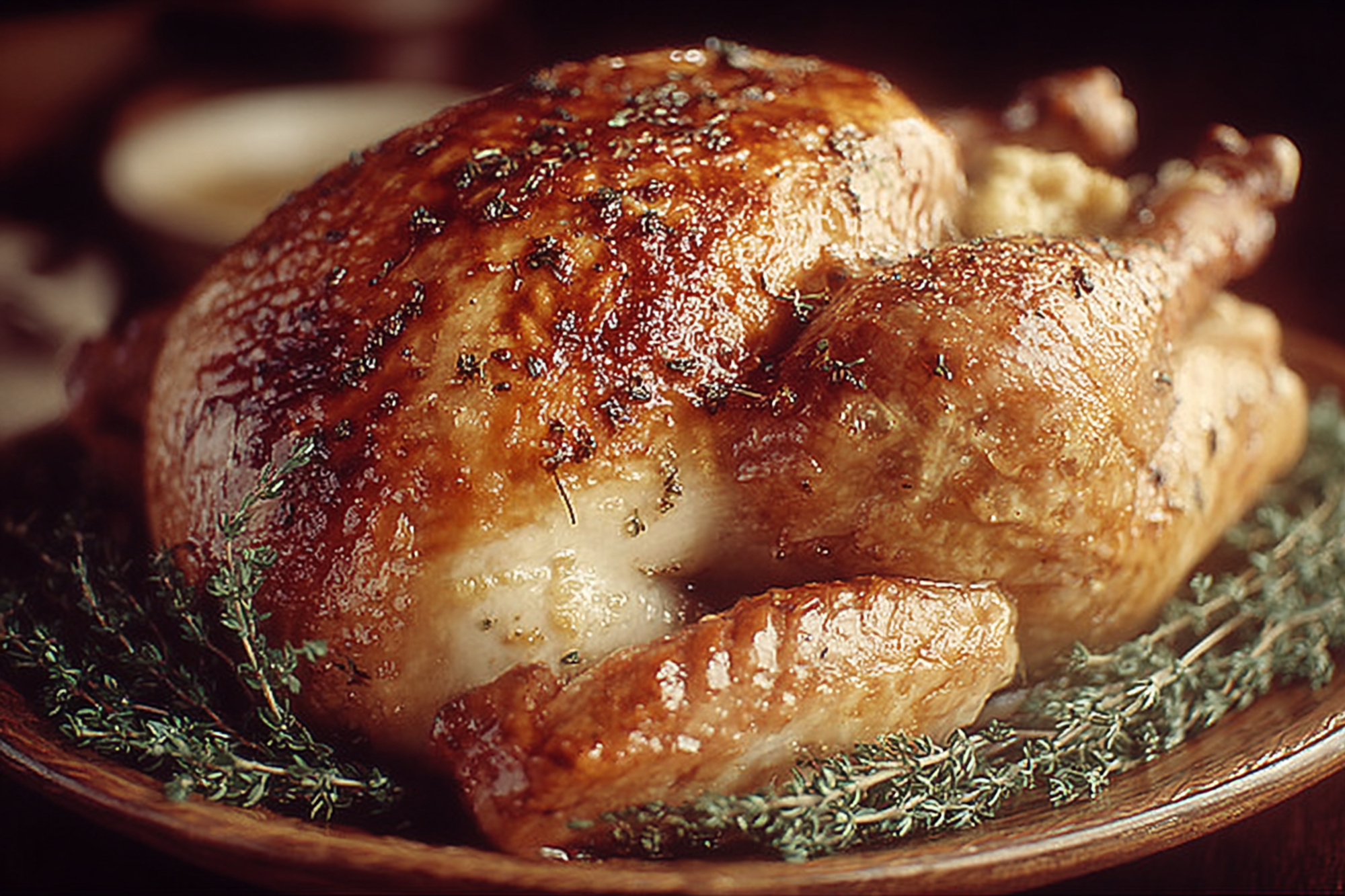 A thanksgiving turkey, cooked until golden brown, resting on a bed of rosemary.