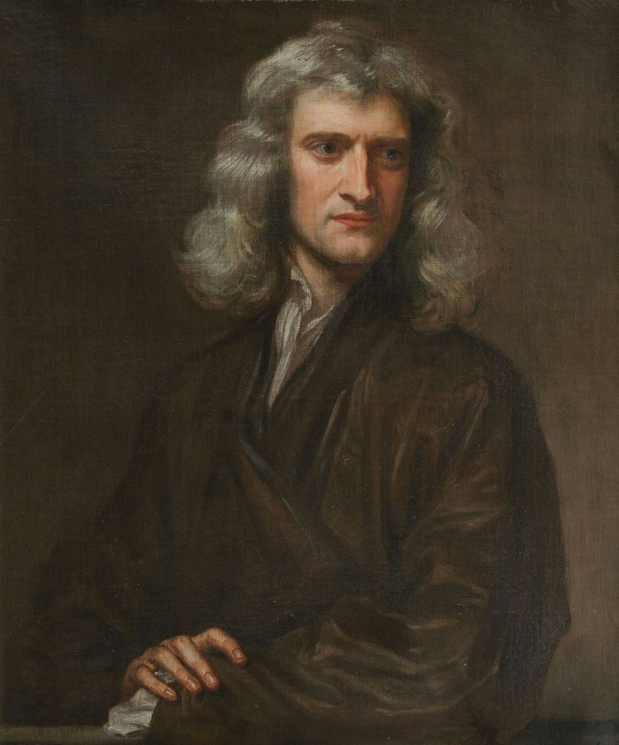 A regal portrait of a man with shoulder-length gray hair, glaring towards his right side.