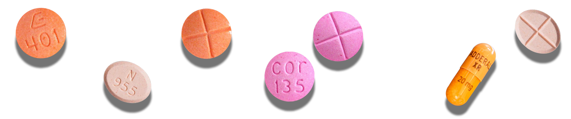 Adderall pills of different shapes and sizes, positioned in an alternating pattern.