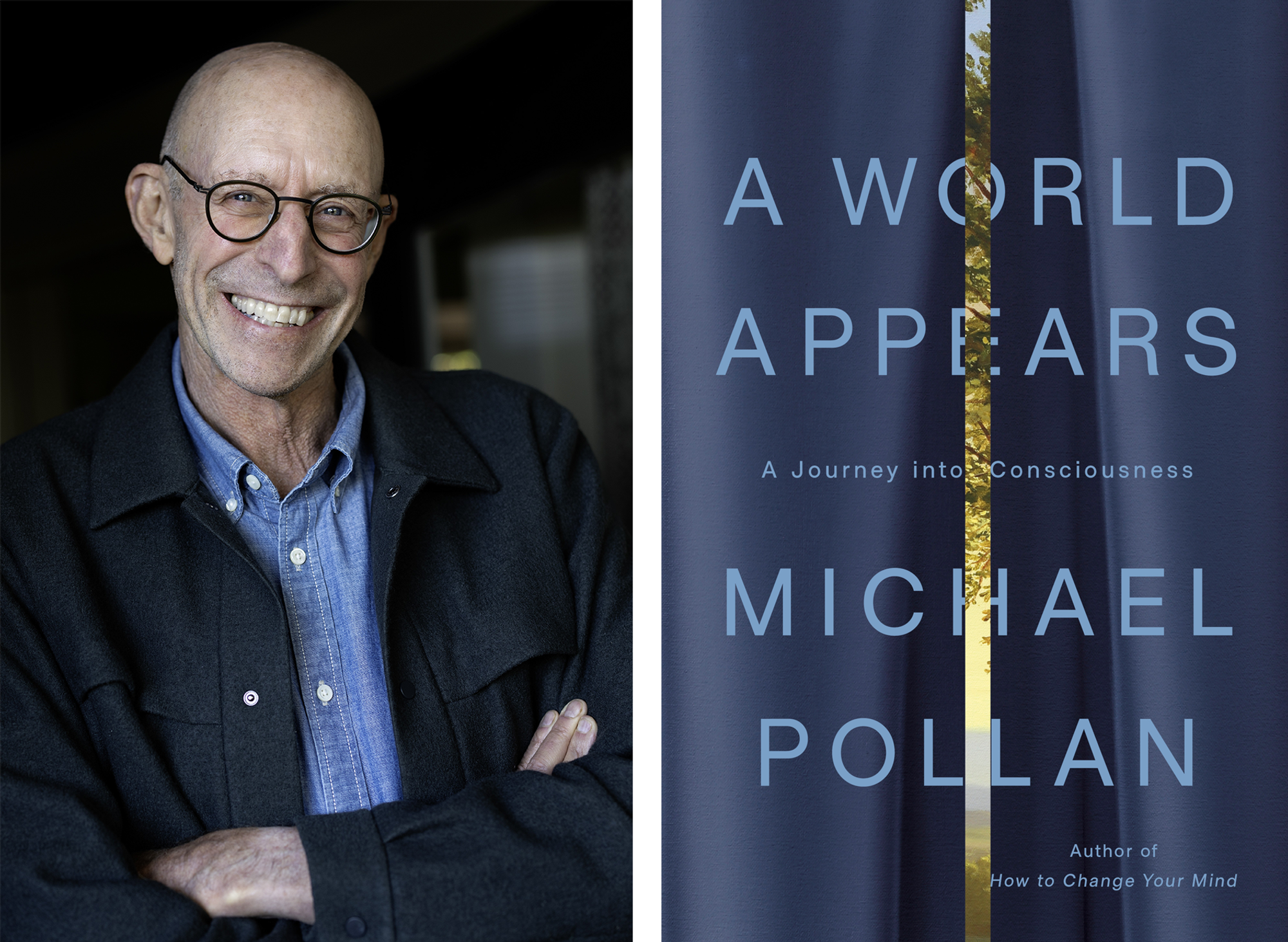 Author Headshot alongside book cover of A World Appears by Michael Pollan