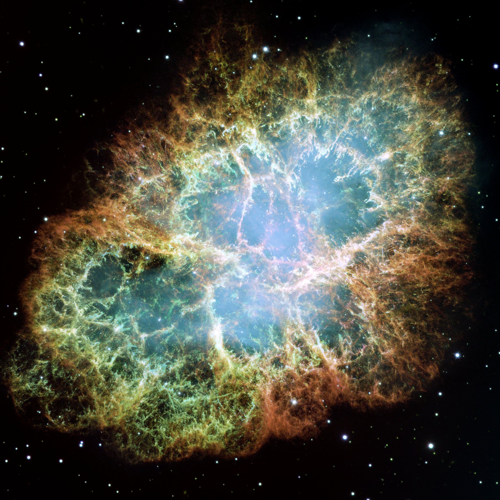Multicolor debris hurtling outward from the central star in the Crab Nebula explosion, 