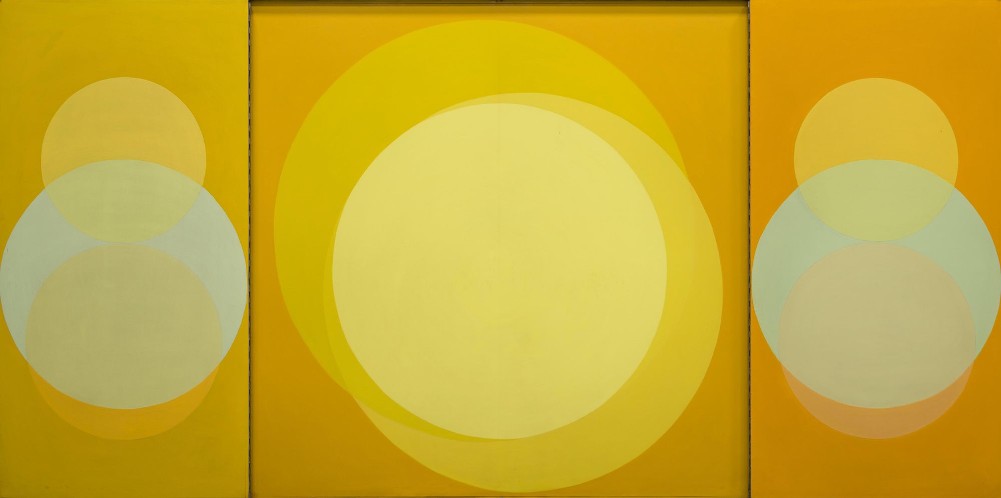 A folding panel of three parts featuring bright yellow, circular shapes.