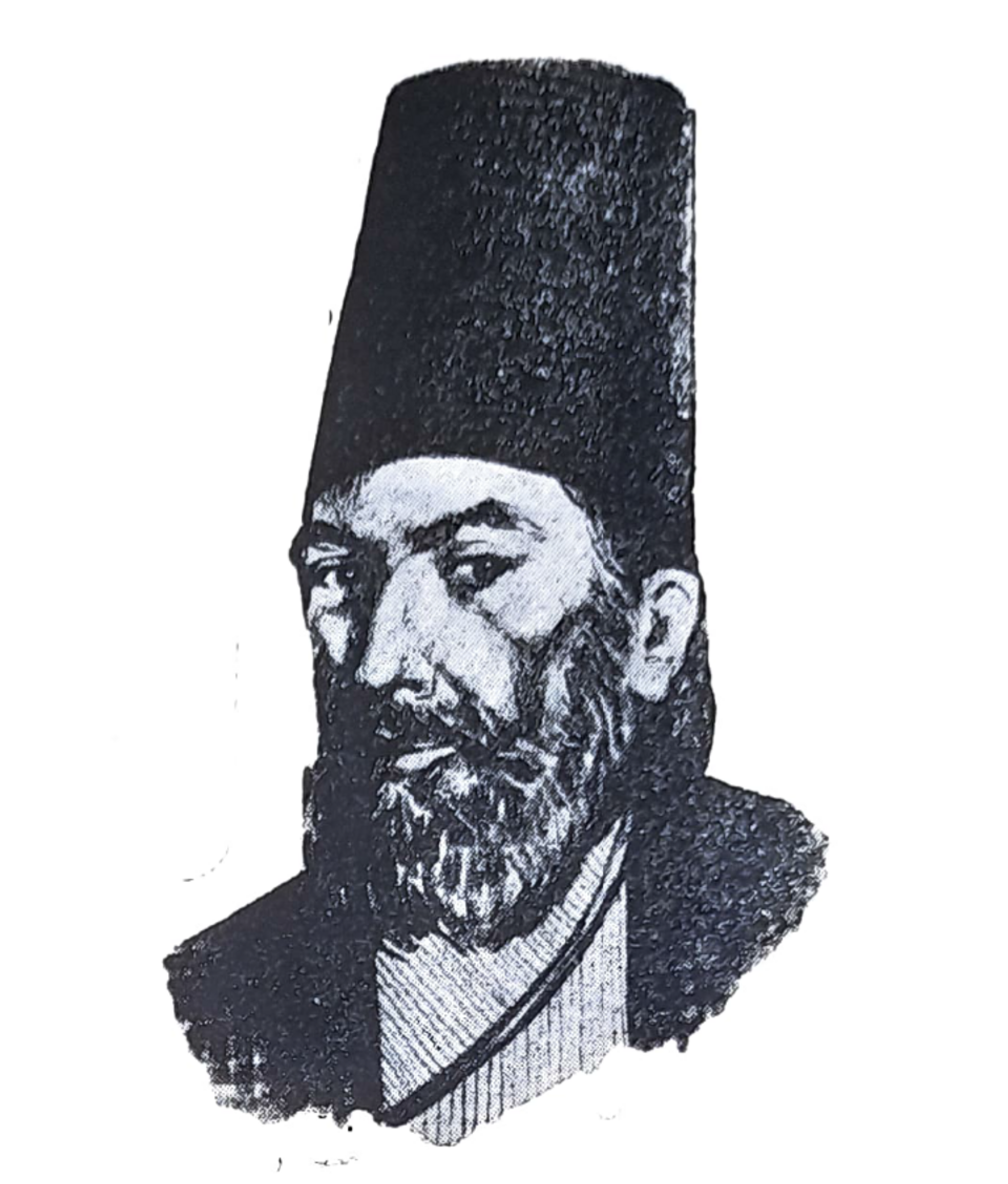 Black and white sketch of man with long beard and cylindrical hat.
