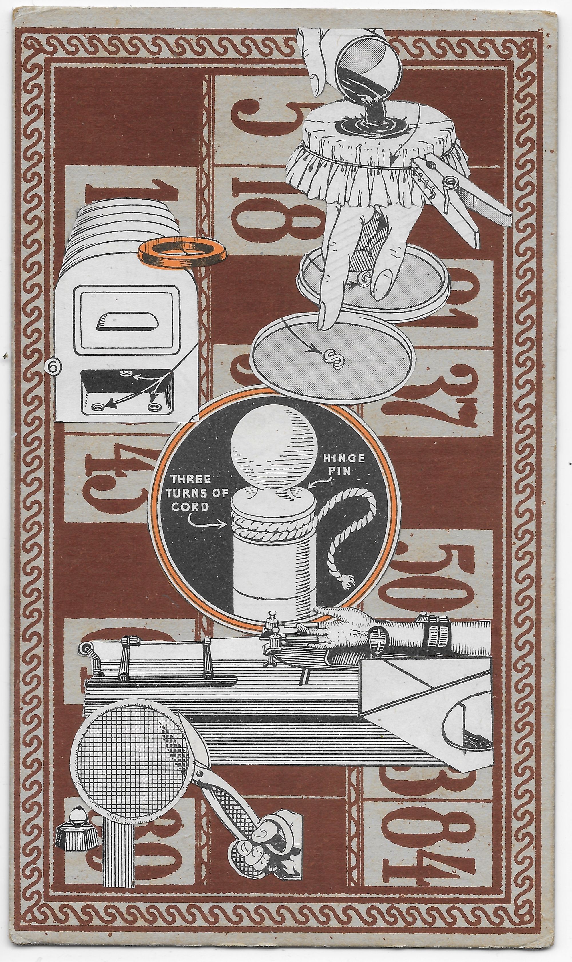 A series of unidentified instruments collaged upon a brown checkered backdrop. 