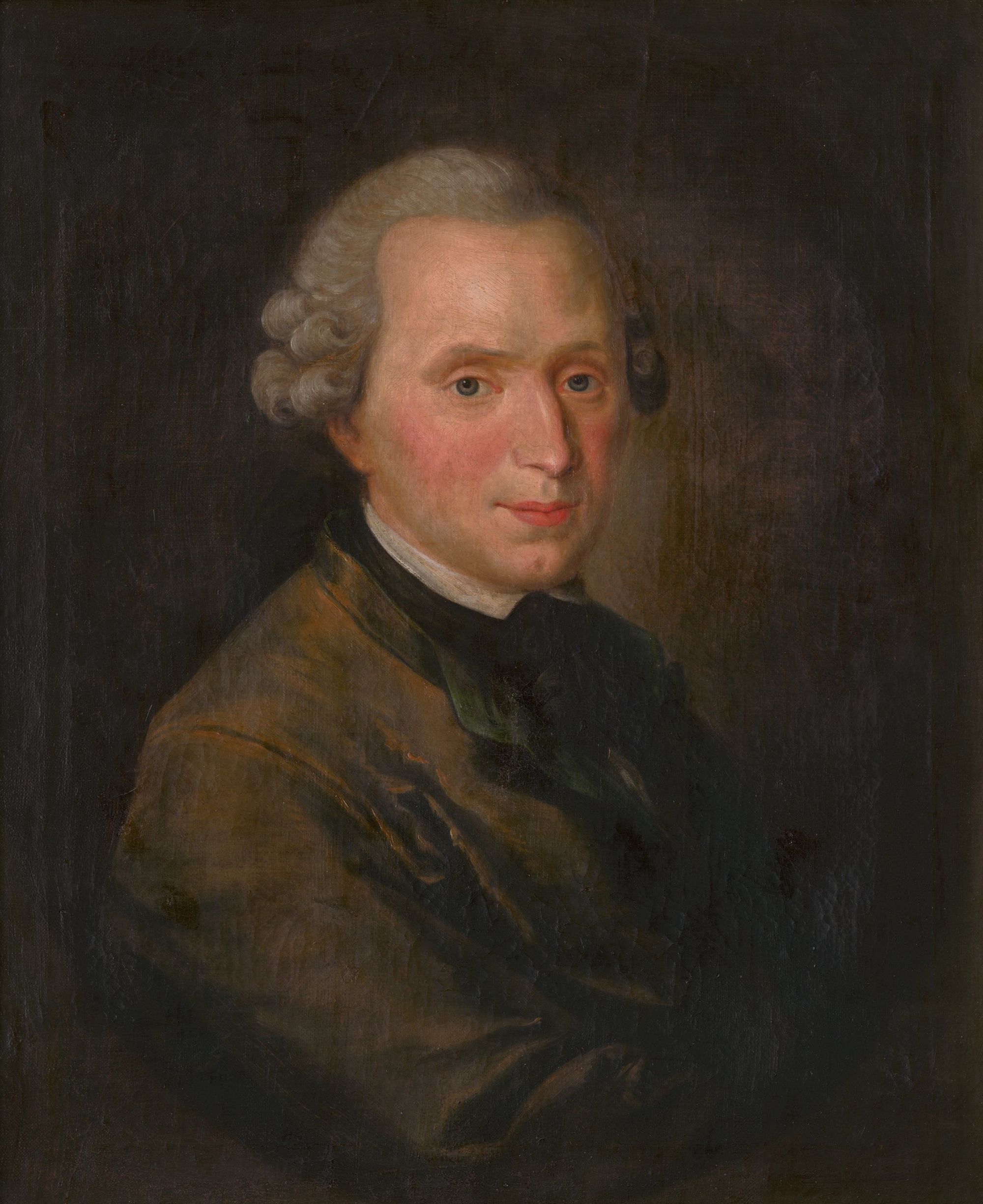A painting of Immanuel Kant, with silver, powdered hair tied back in a queue.