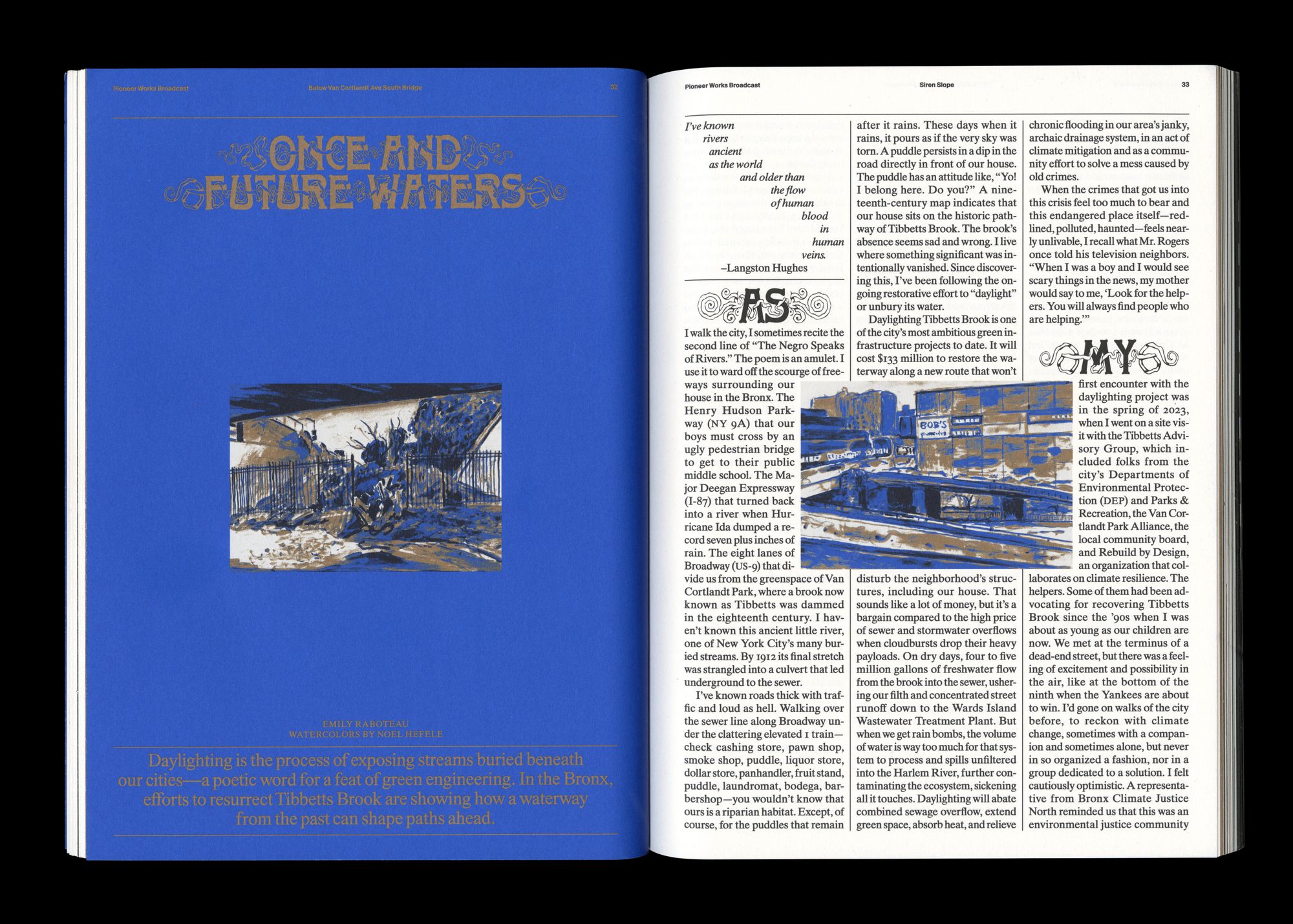 A scanned image of a magazine, open to an article titled "Once and Future Waters."