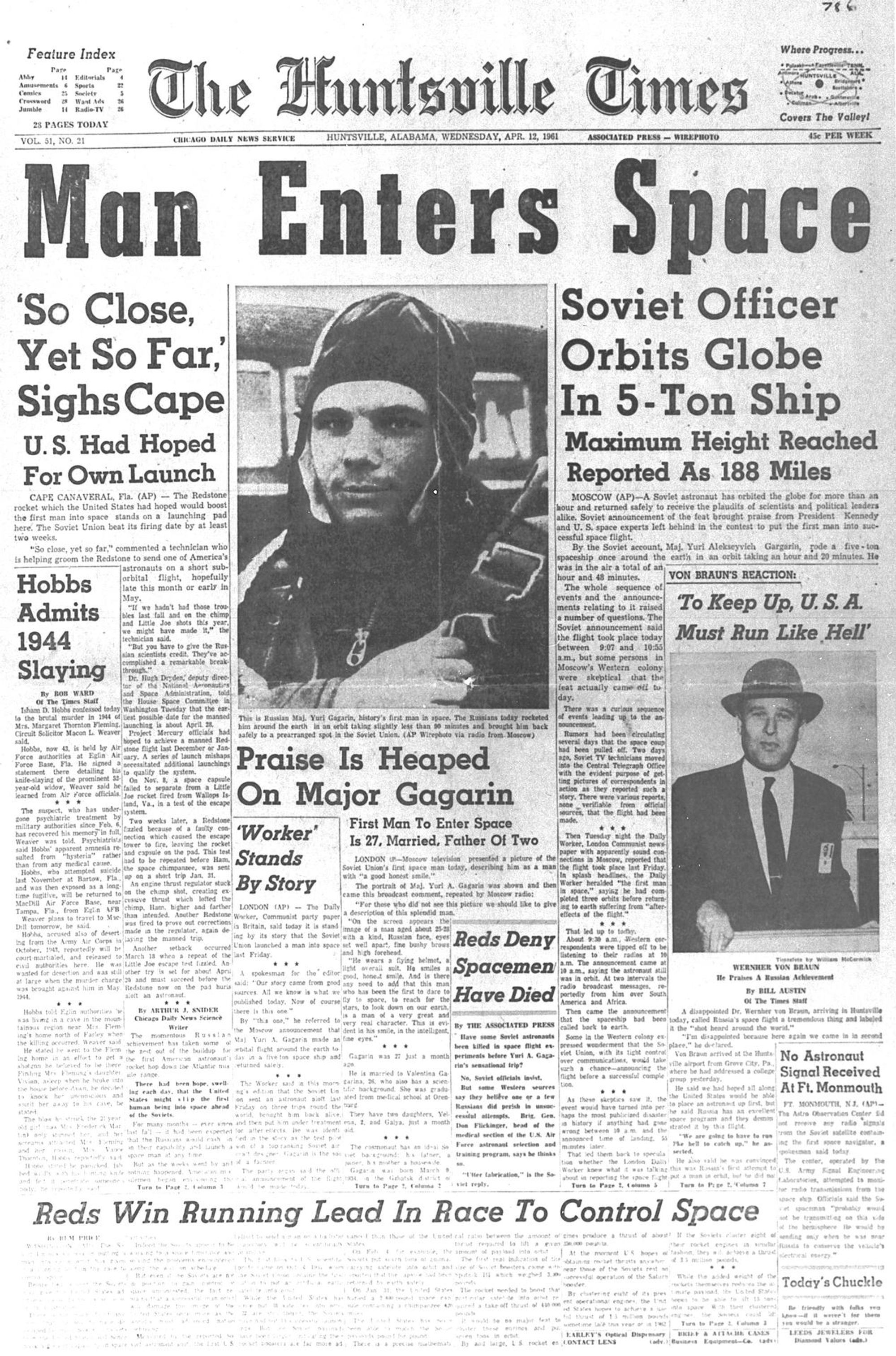 The front page of a newspaper from 1961, featuring an image of an astronaut with the headline, "MAN ENTERS SPACE."