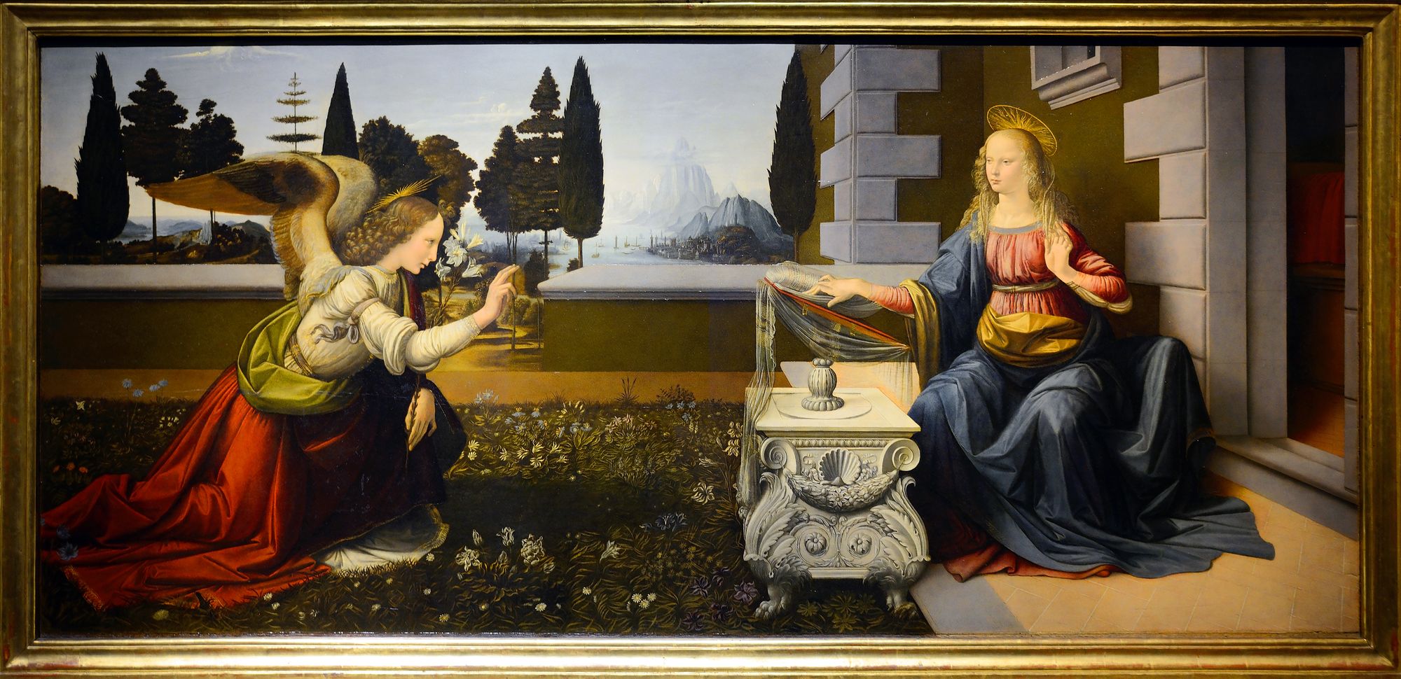 A painting wherein the Angel Gabriel announces to the Virgin Mary that she can be the Mother of Christ, the Son of God—an offer she accepts.