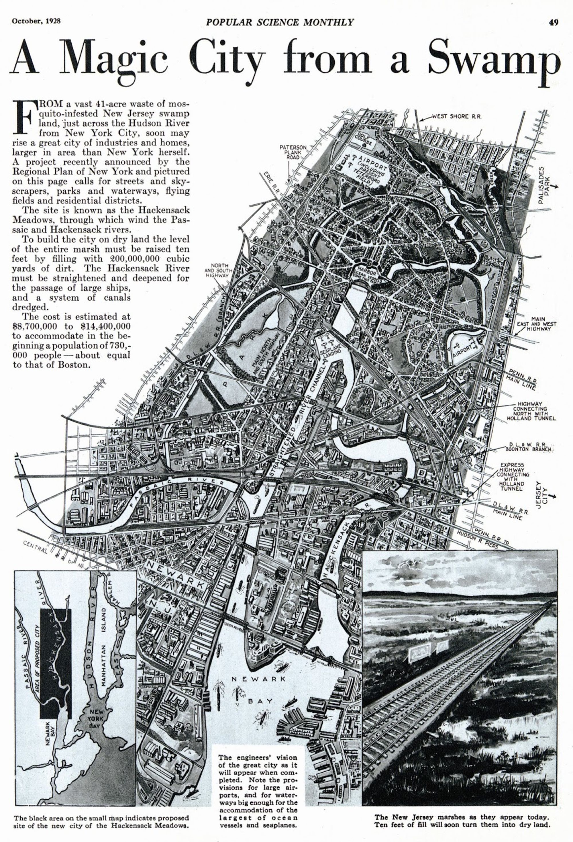 A black and white photo reproduction with an aerial view map of the Meadowlands of a Popular Science Monthly