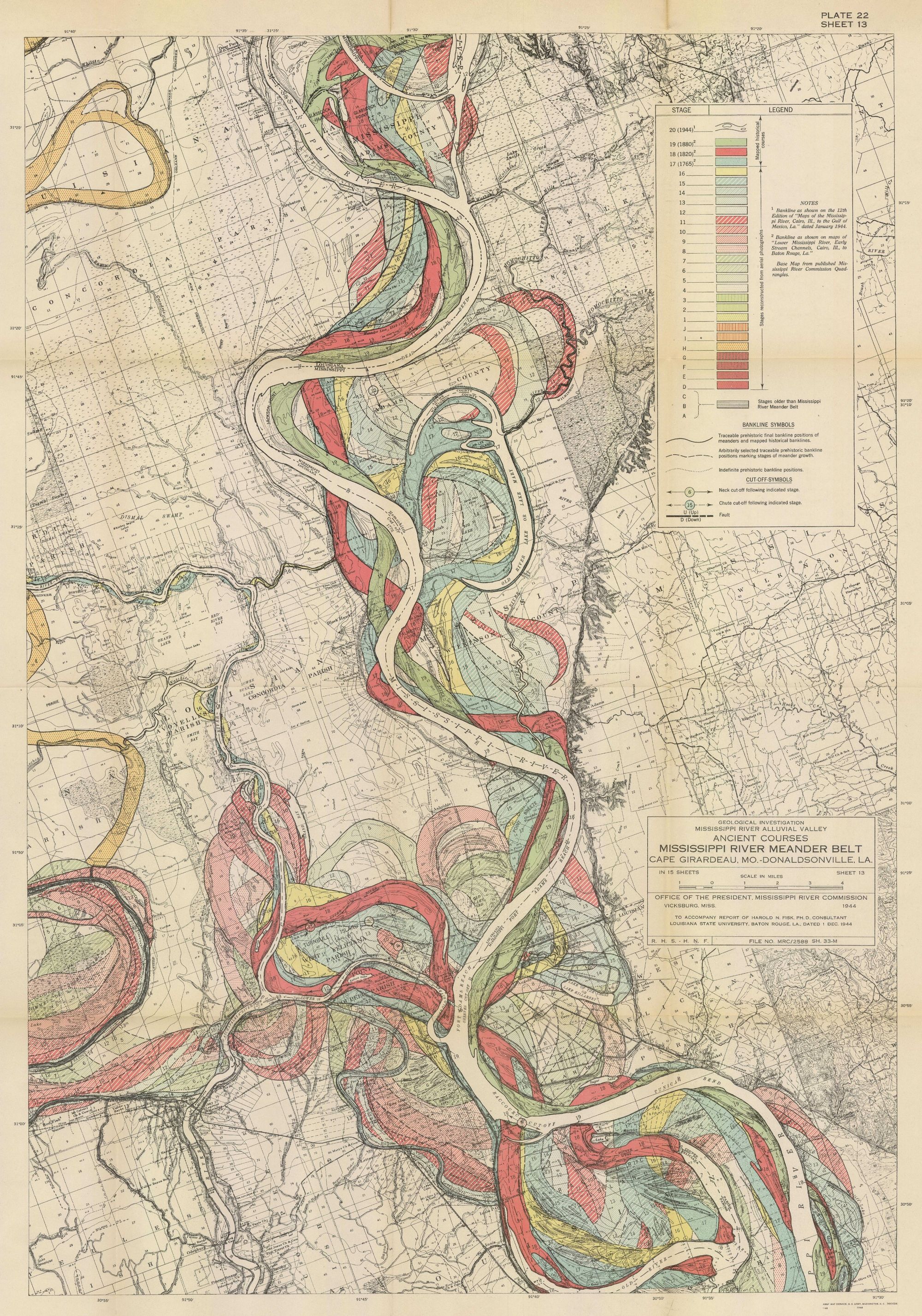 Colorful map of the Mississippi's meander over decades