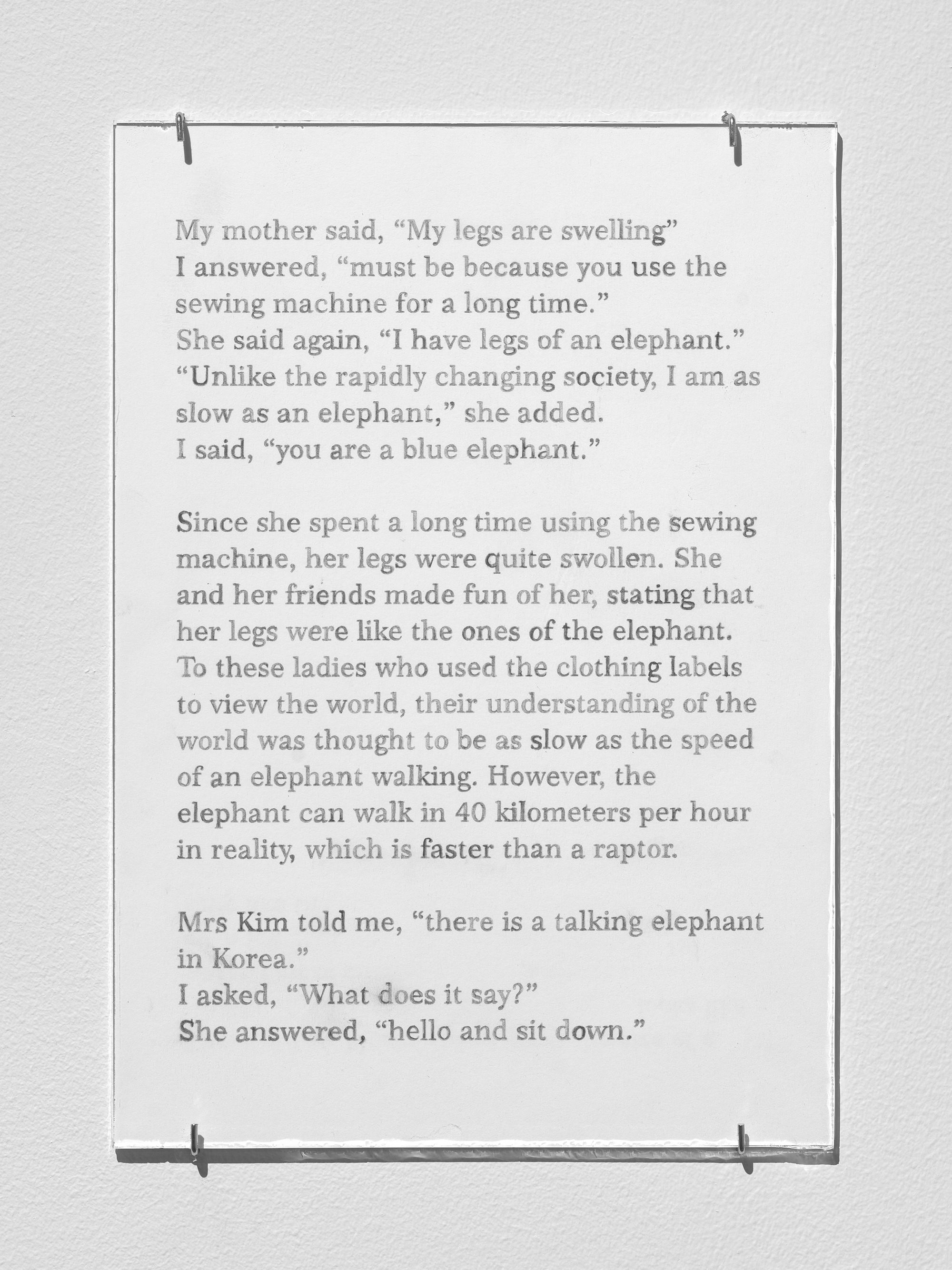 Text on a white background that reads: "My mother said, 'My legs are swelling' I answered, 'must be because you use the sewing machine for a long time.' She said again, 'I have legs of an elephant.' 'Unlike the rapidly changing society, I am as slow as an elephant,' she added. I said, 'you are a blue elphant.' Because she spent a long time using the sewing machine, her legs were quite swollen. She and her friends made fun of her, stating that her legs were like the ones of the elephant. To these ladies who used the clothing labels to view the world, their understanding of the world was thought to be as slow as the speed of an elephant walking. However, the elephant can walk in 40 kilometers per hour in reality, which is faster than a raptor.""