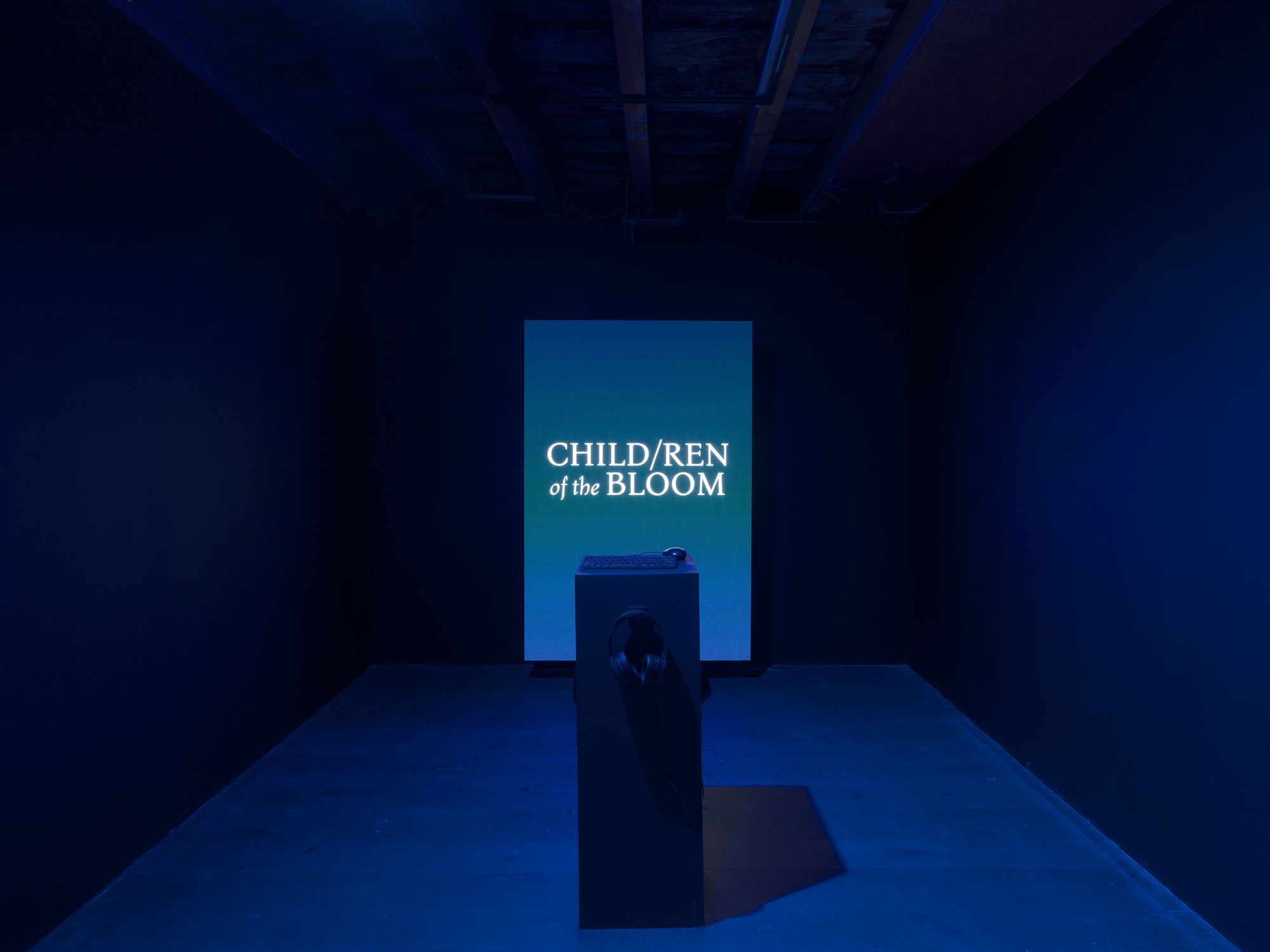 A screen in a dark room that reads: CHILD/REN OF THE BLOOM with a podium placed directly in front.