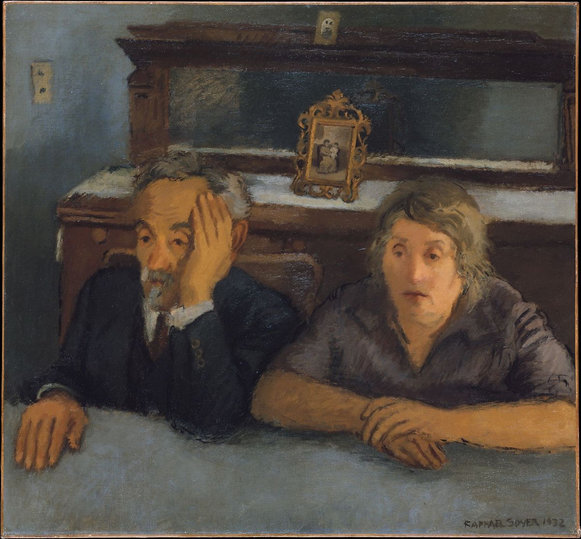 Painting by Rafael Soyer, of an elderly couple sitting at a table.