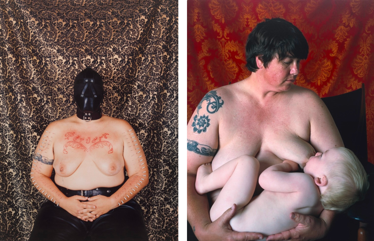 Two photographs side by side: one of a shirtless woman with "Pervert" etched into her chest, and another of her breastfeeding against a rich red backdrop.