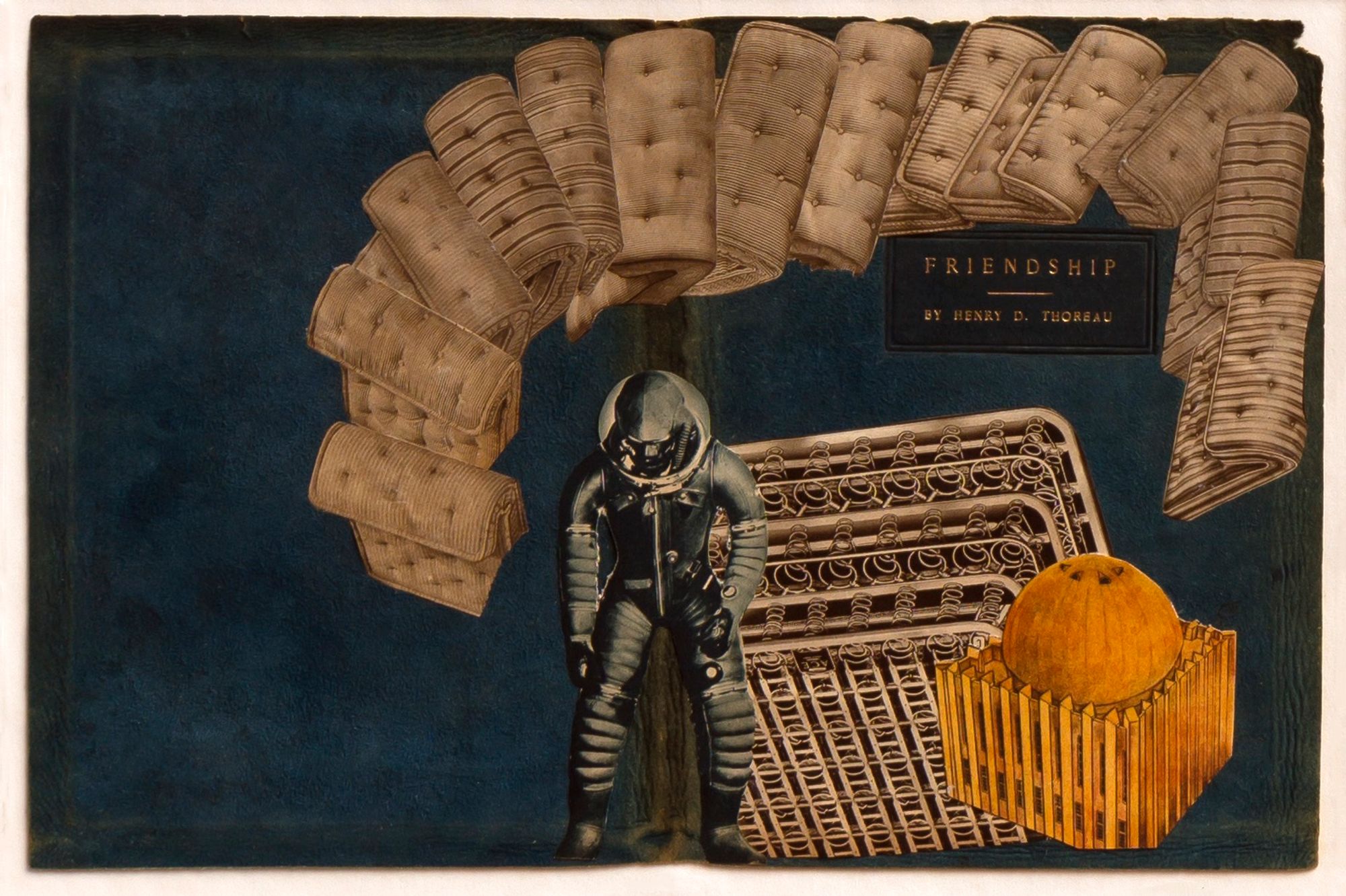 A collage featuring an astronaut and a collection of sofa seats pasted on a dark blue book cover, with the title "FRIENDSHIP" inscribed upon its right side.