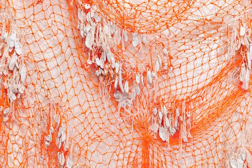 Orange netting against white background with white clay dangling pieces