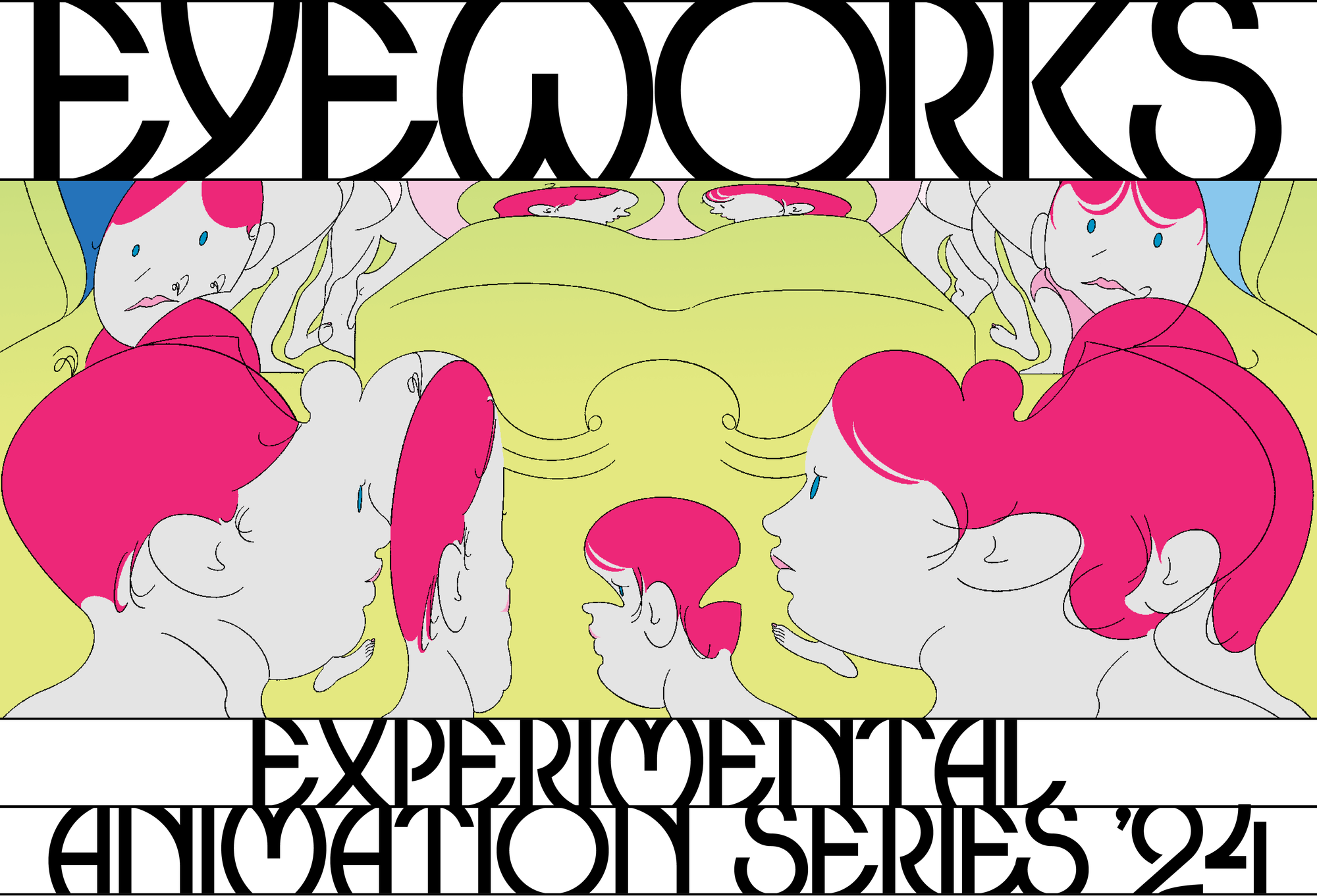 Eyeworks 2024 program flyer includes several pink haired figures set against a yellow backdrop.