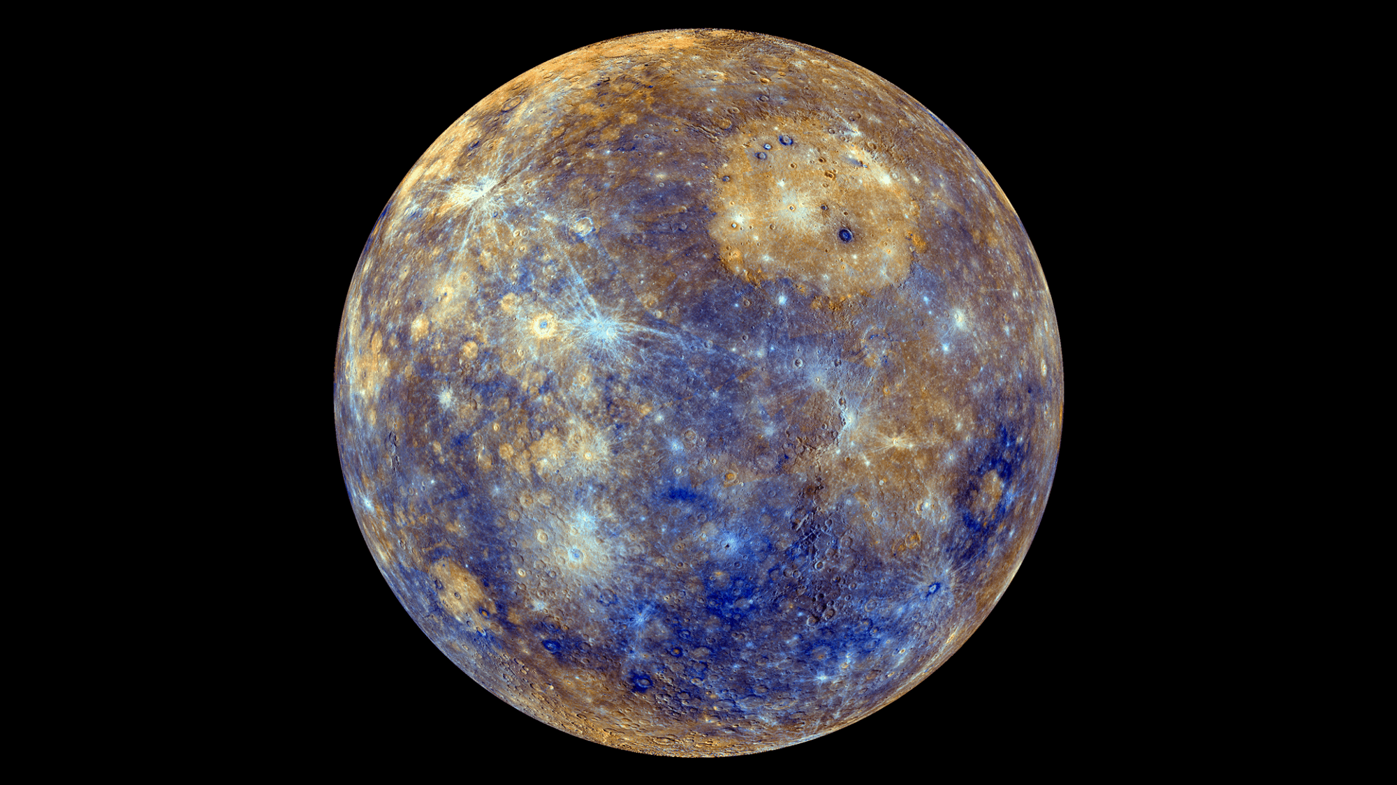 Yellow blue and purple colored view of Mercury in space 