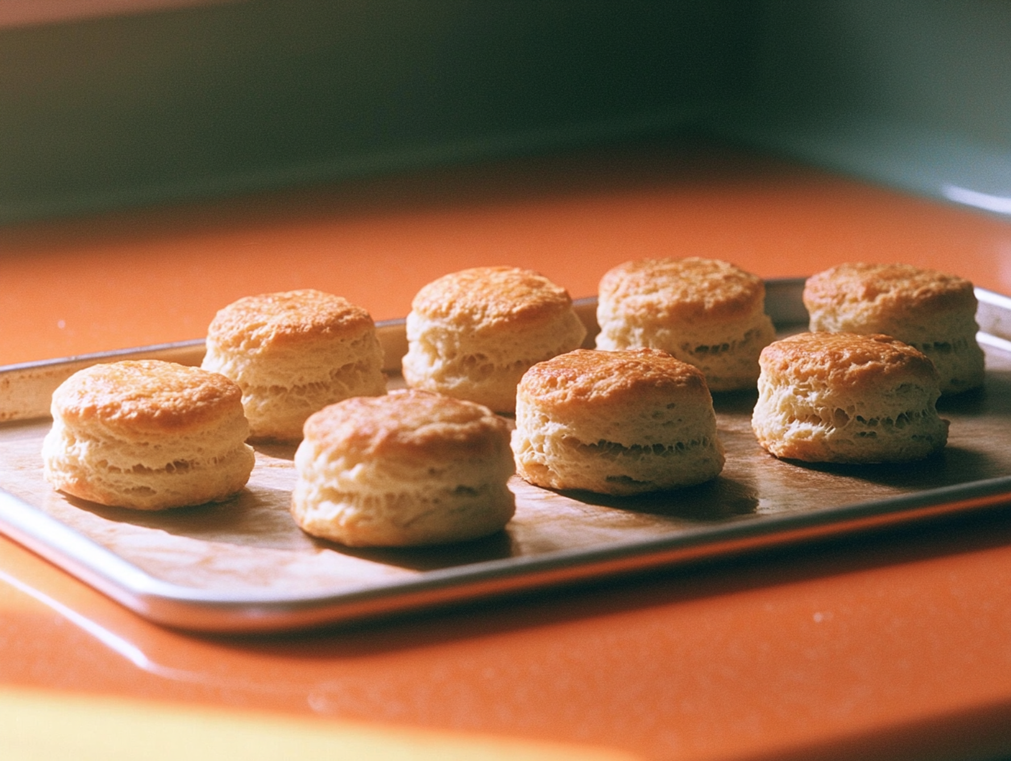Eight freshly-baked biscuits line a baking tray which rests on an orange countertop.