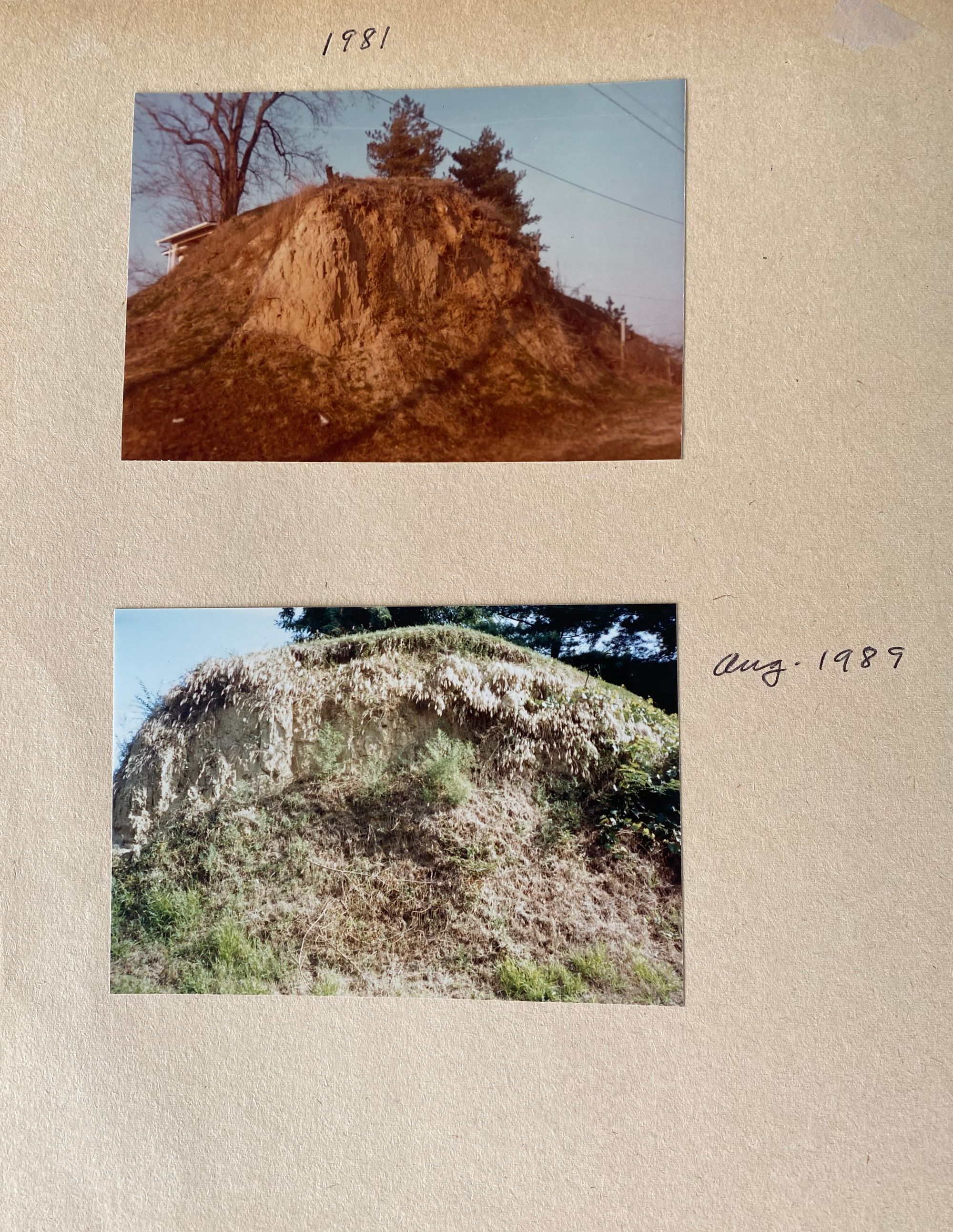 Color photographs from 1981 and 1989, respectively, of the same nondescript mound.