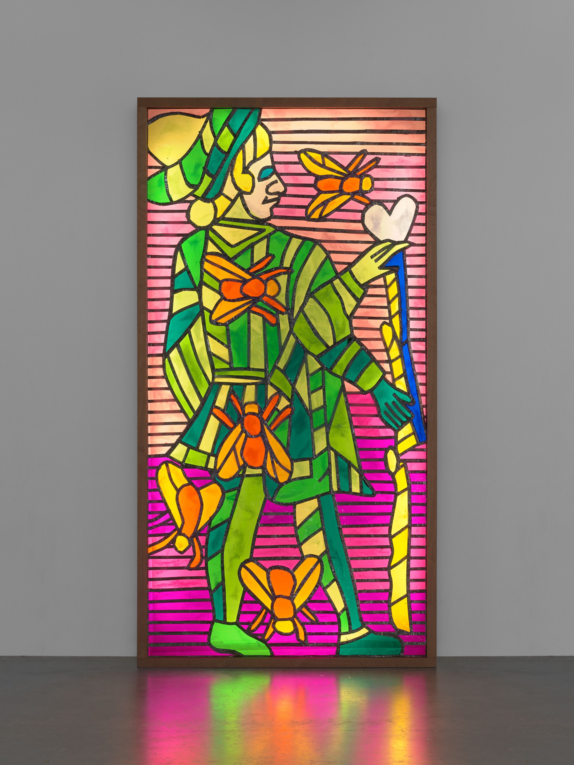 Installation of Raul de Nieves's faux stained glass panels in Pioneer Works's Main Hal