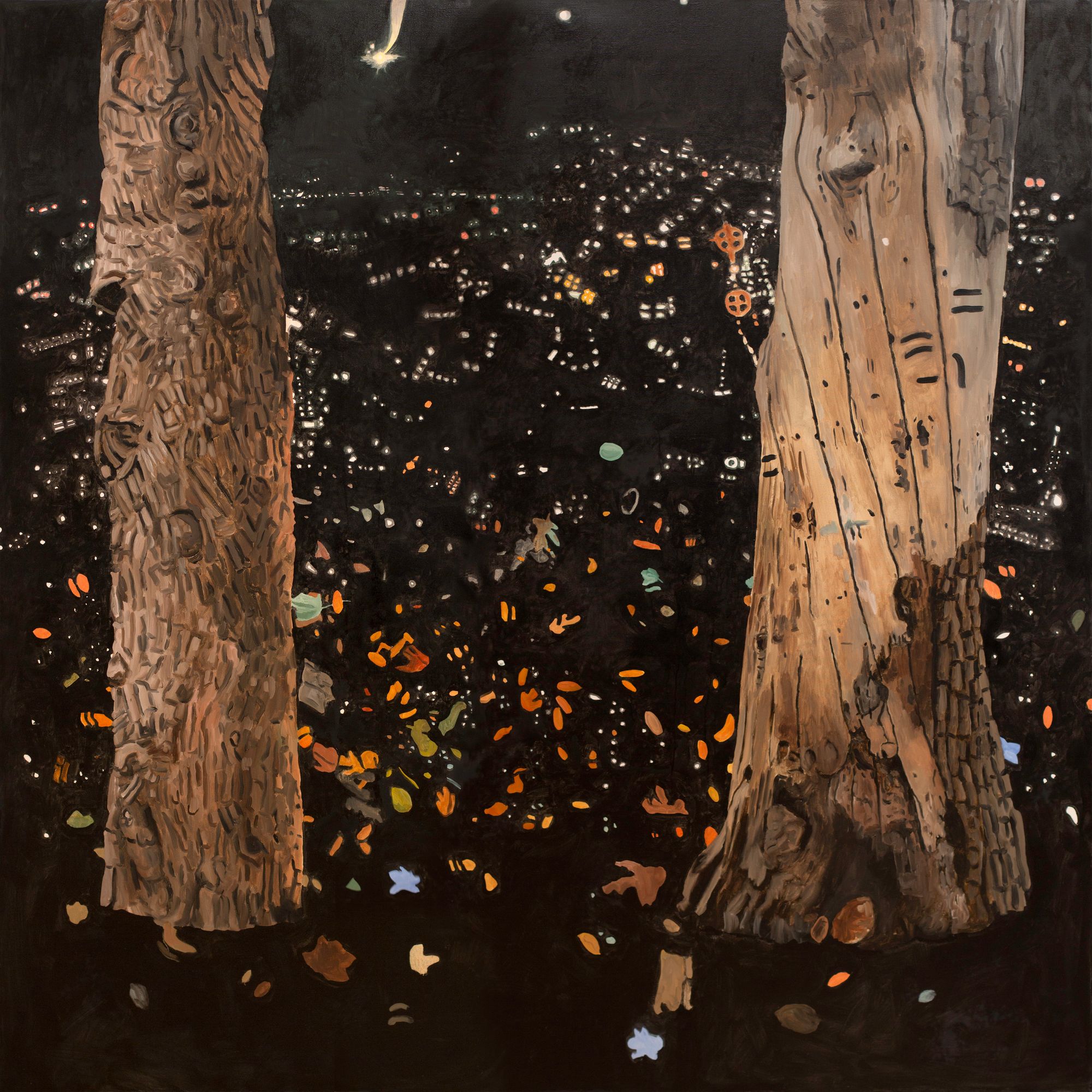 Two tree trunks rest on a dark ground covered in leaves, flowers, symbols, and what appears to be the lights of a city at night.