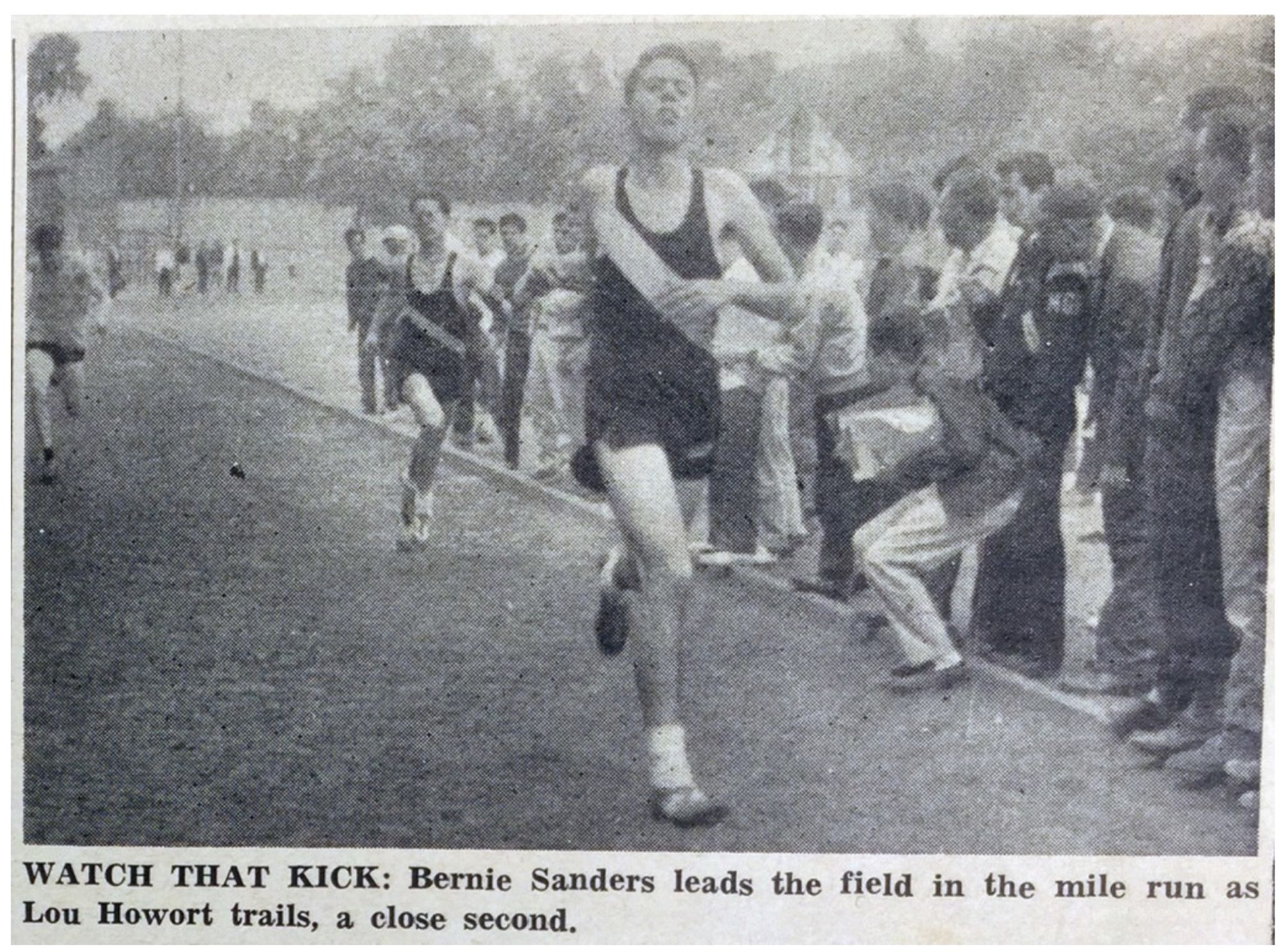 A newspaper clipping of a young Bernie Sanders running the mile-run race in high school. 