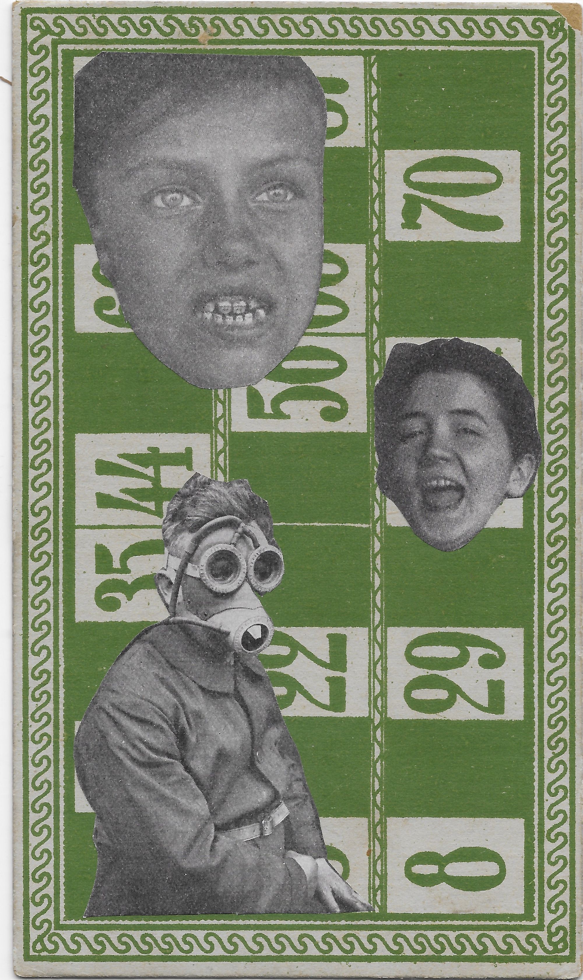 A series of black-and-white photographs of faces, including a figure in a gas mask, collaged upon a checkered green backdrop.