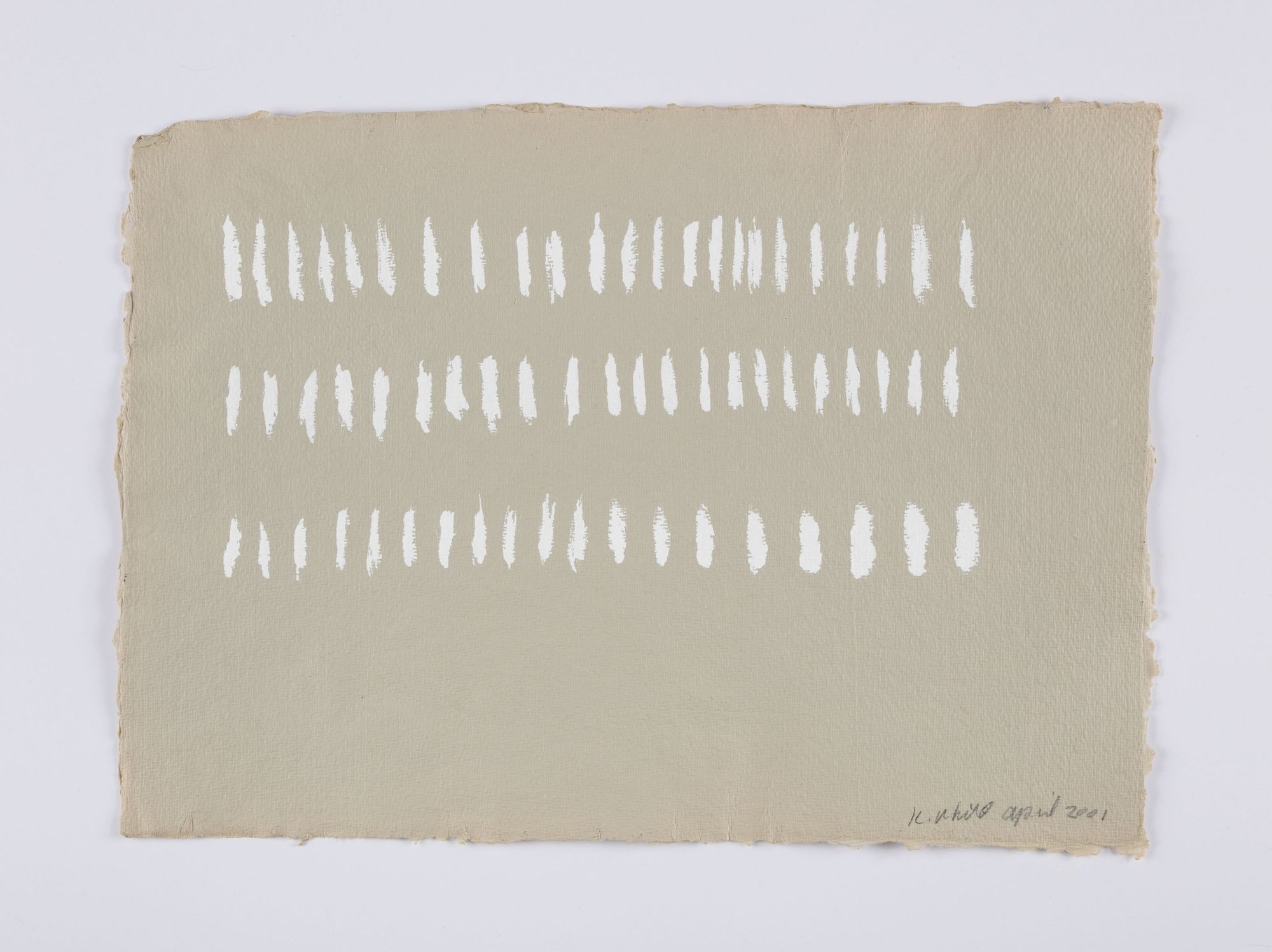 A view of one of the Year of Firsts works, a beige paper with white hash marks in three rows 