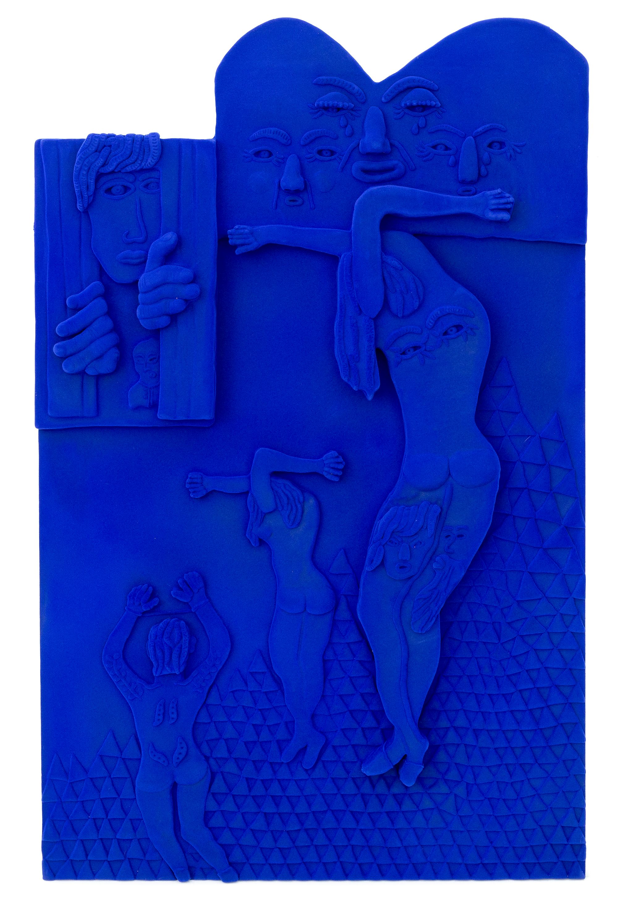 A royal blue flocked relief of epoxy resin has the look of velvet and depicts a mythic scene of three figures who are merged together through their facial and hair features.