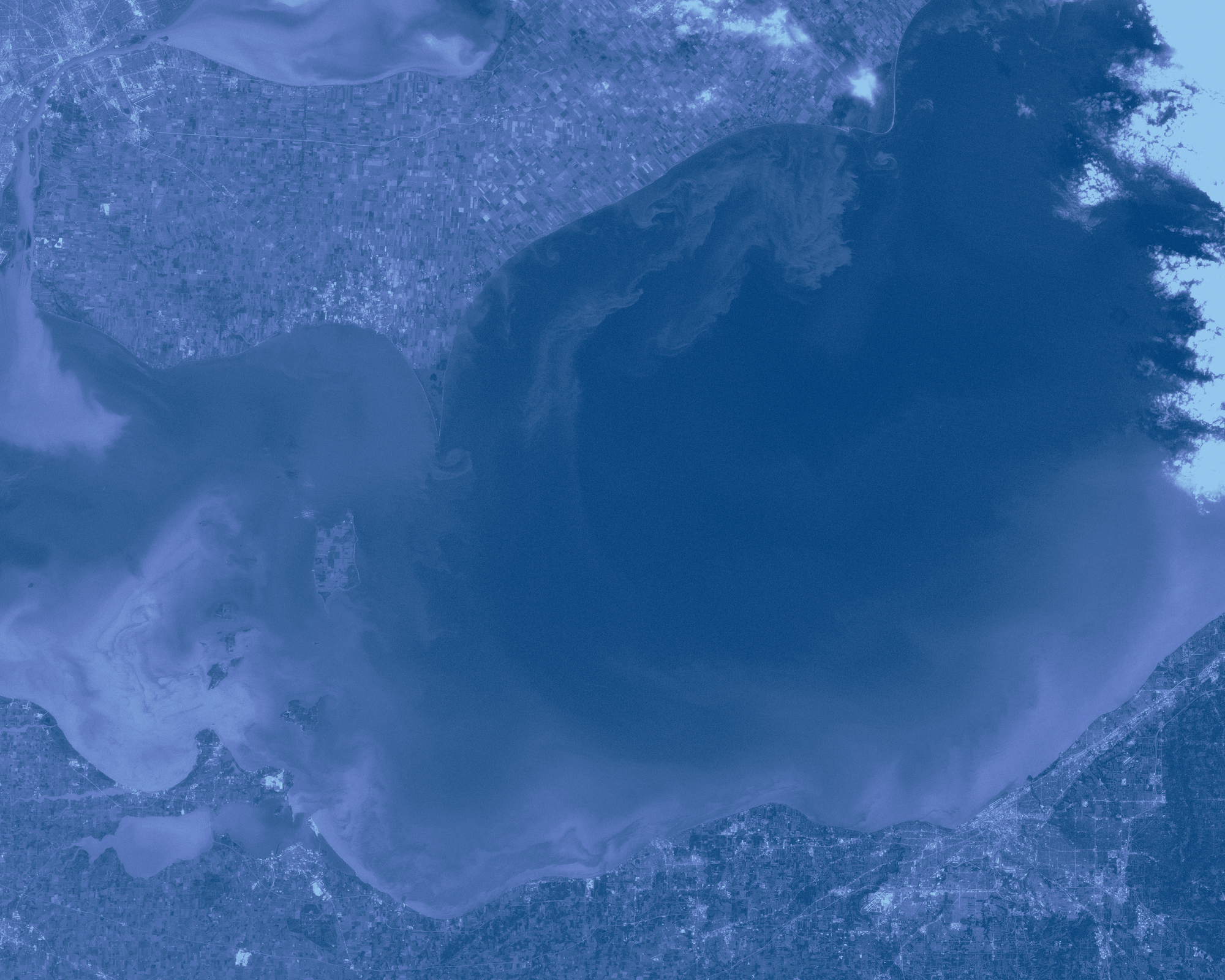 Lake Erie photographed above, showing the worst algal bloom it's seen in decades. Vibrant filaments extend out from the northern shore.