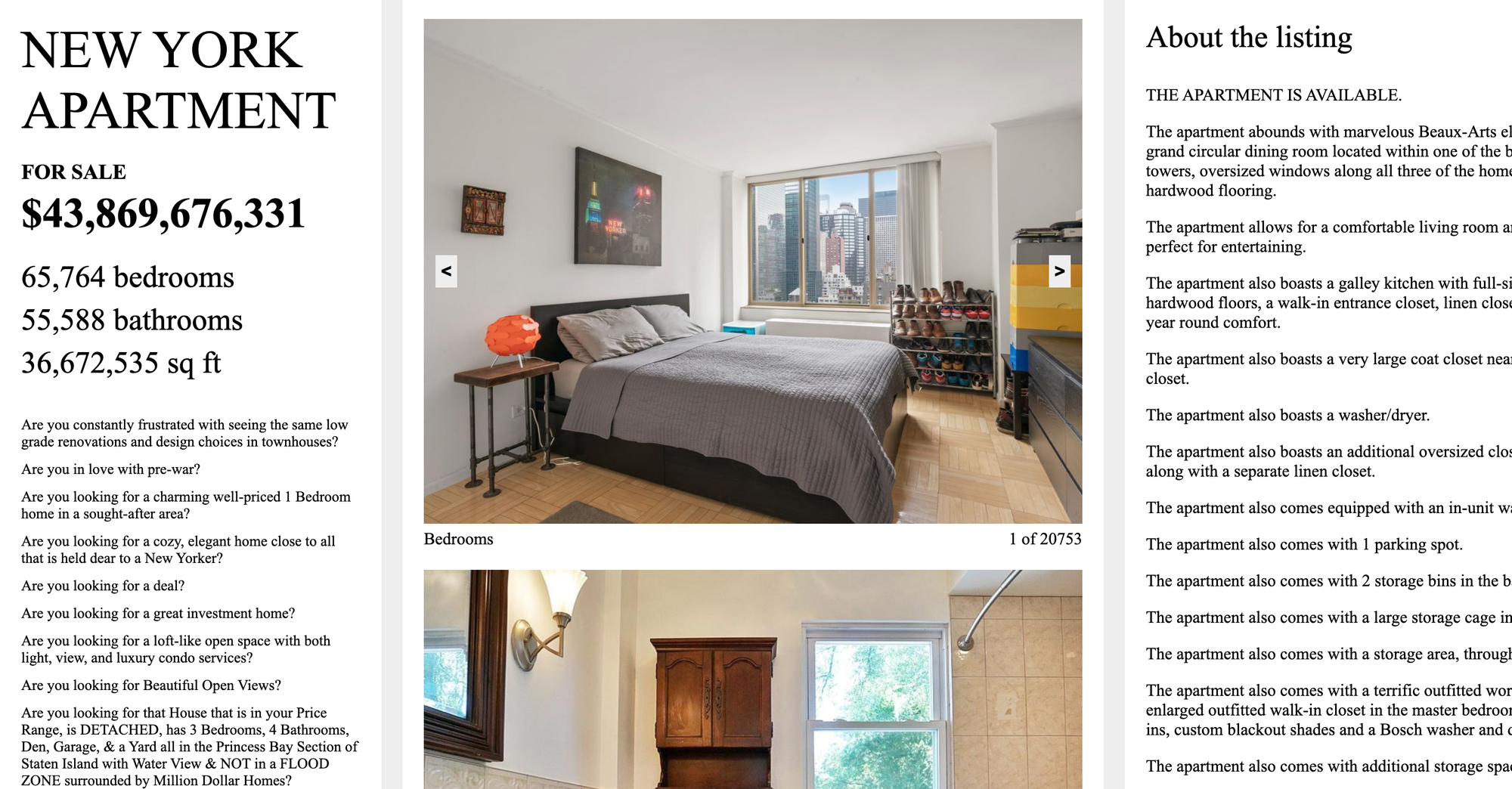 A screenshot of an apartment listing entitled "New York Apartment," with an impossibly large number of rooms, bathrooms, and square feet.