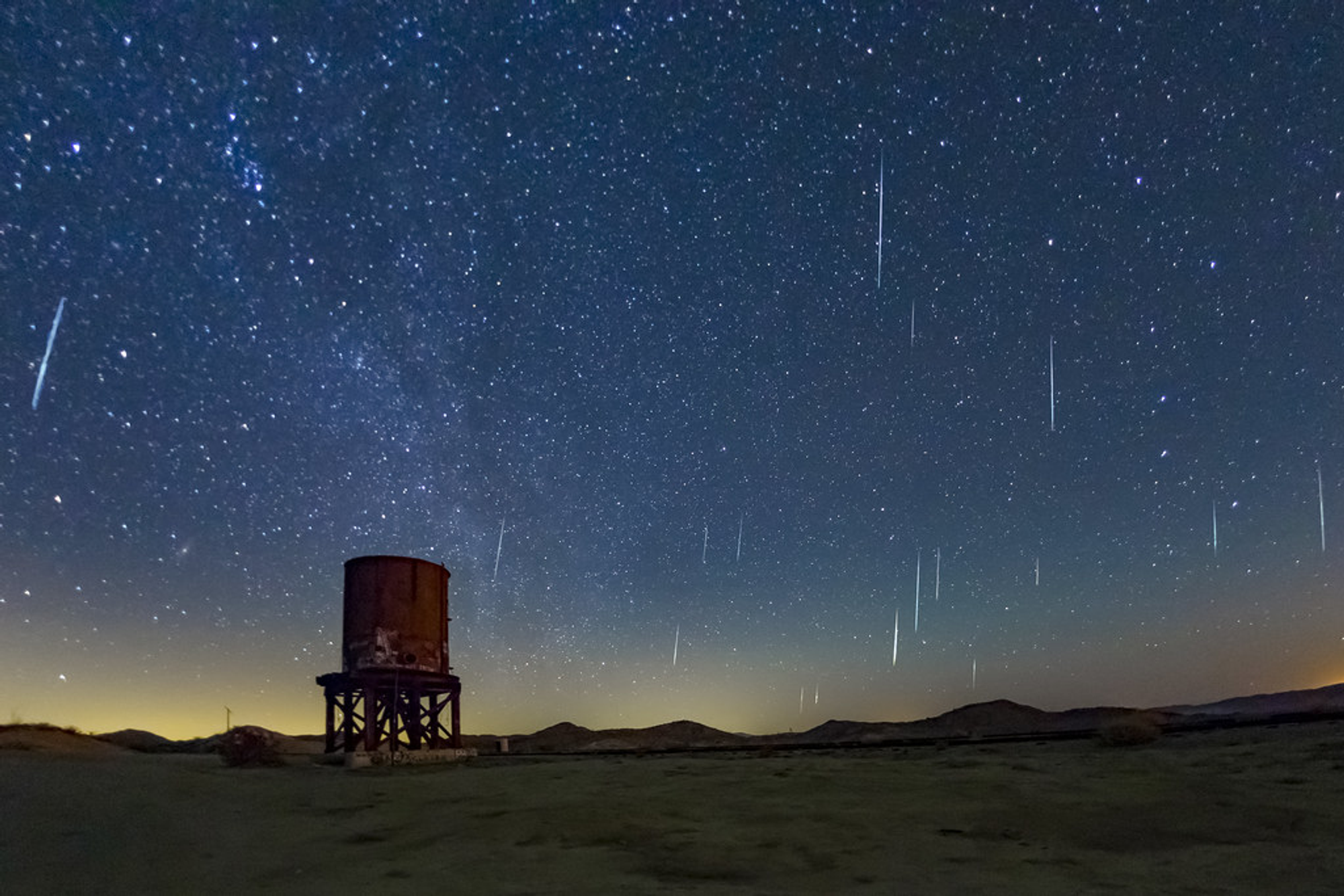 Geminid Meteor Shower Over Railroad Water Tower at Dos Cabezas Siding