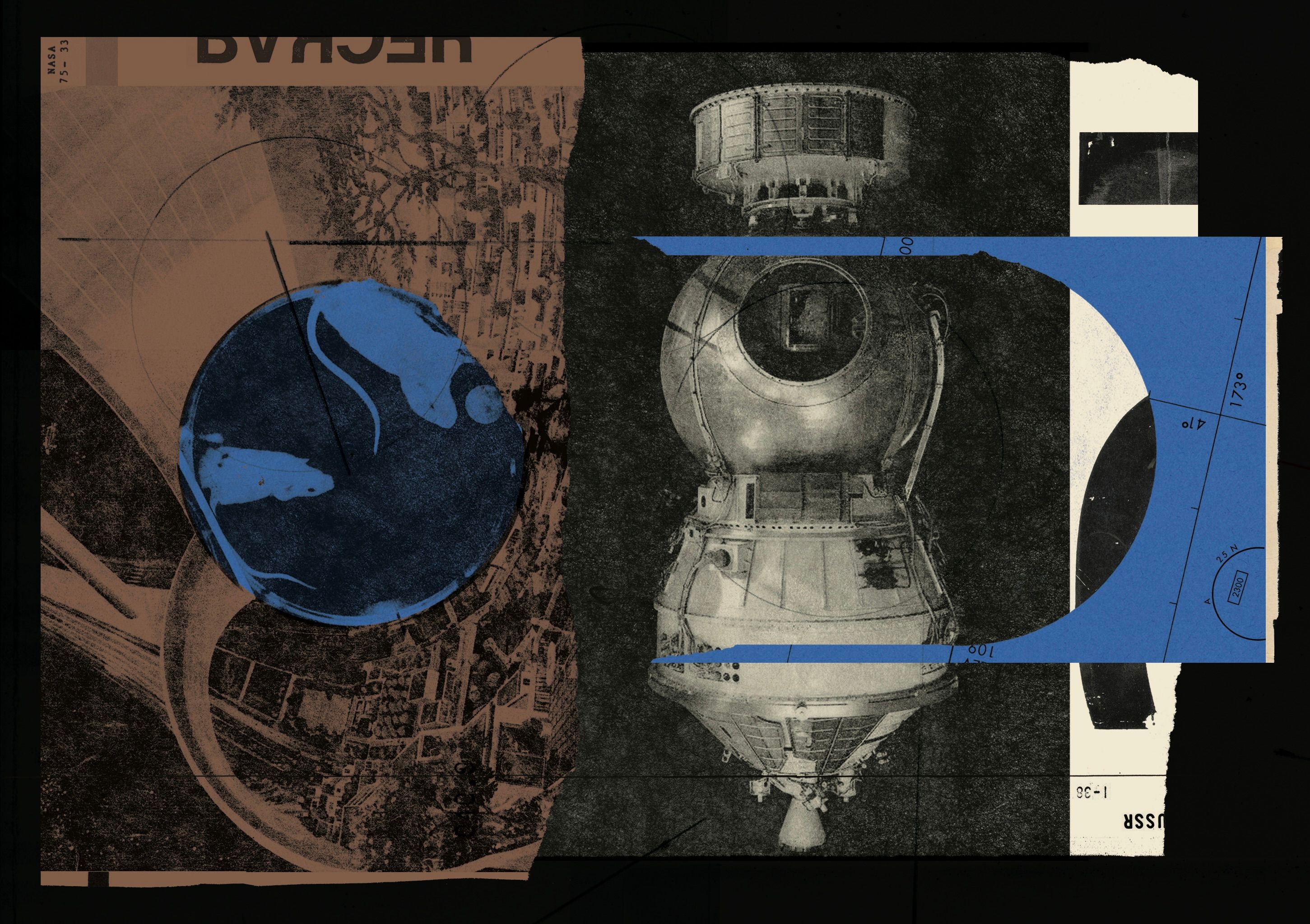 A collage in brown, black, and blue tones with overlapping imagery of rats, space ships, and confidential Russian files.