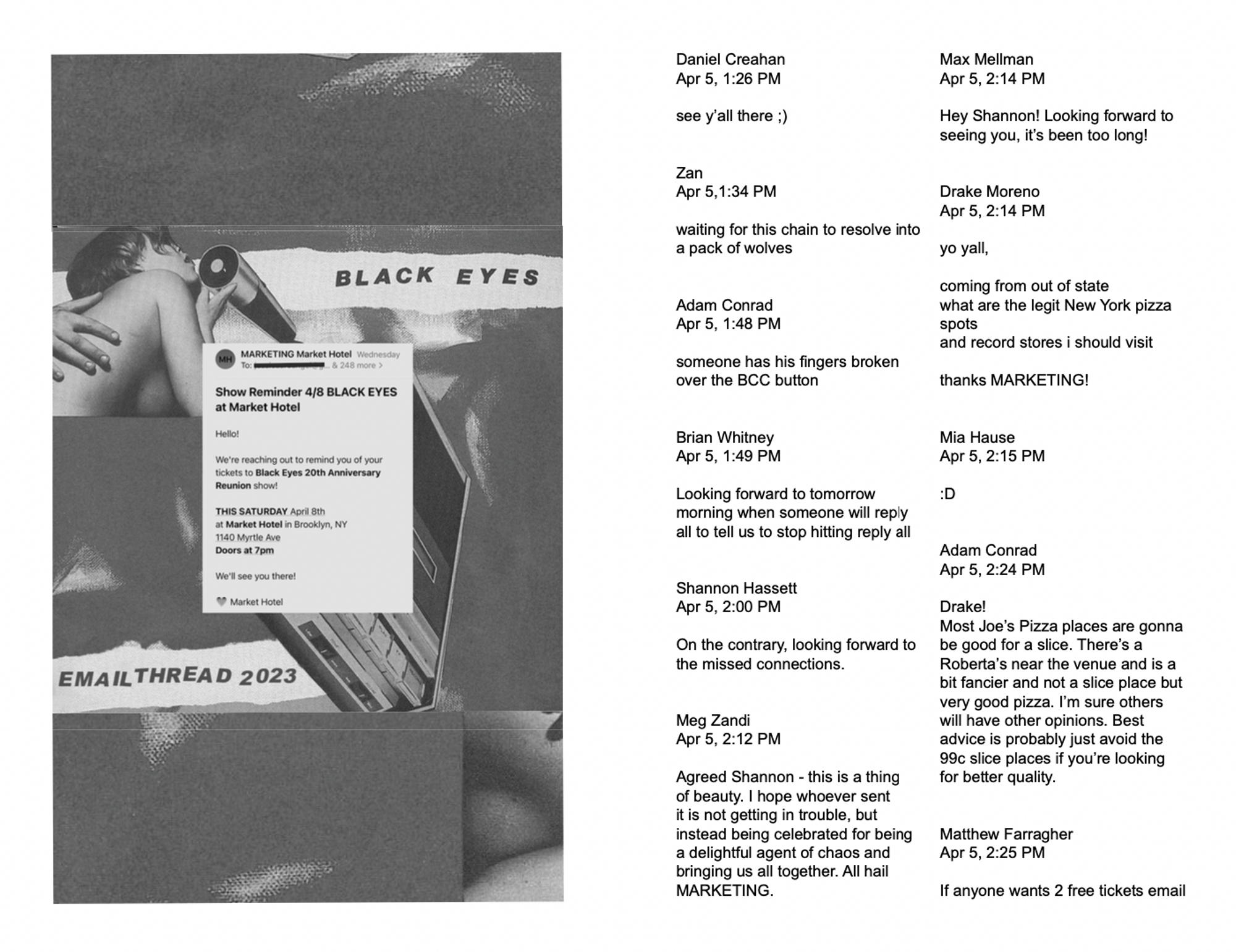 Screenshots of an email thread in zine-form. 
