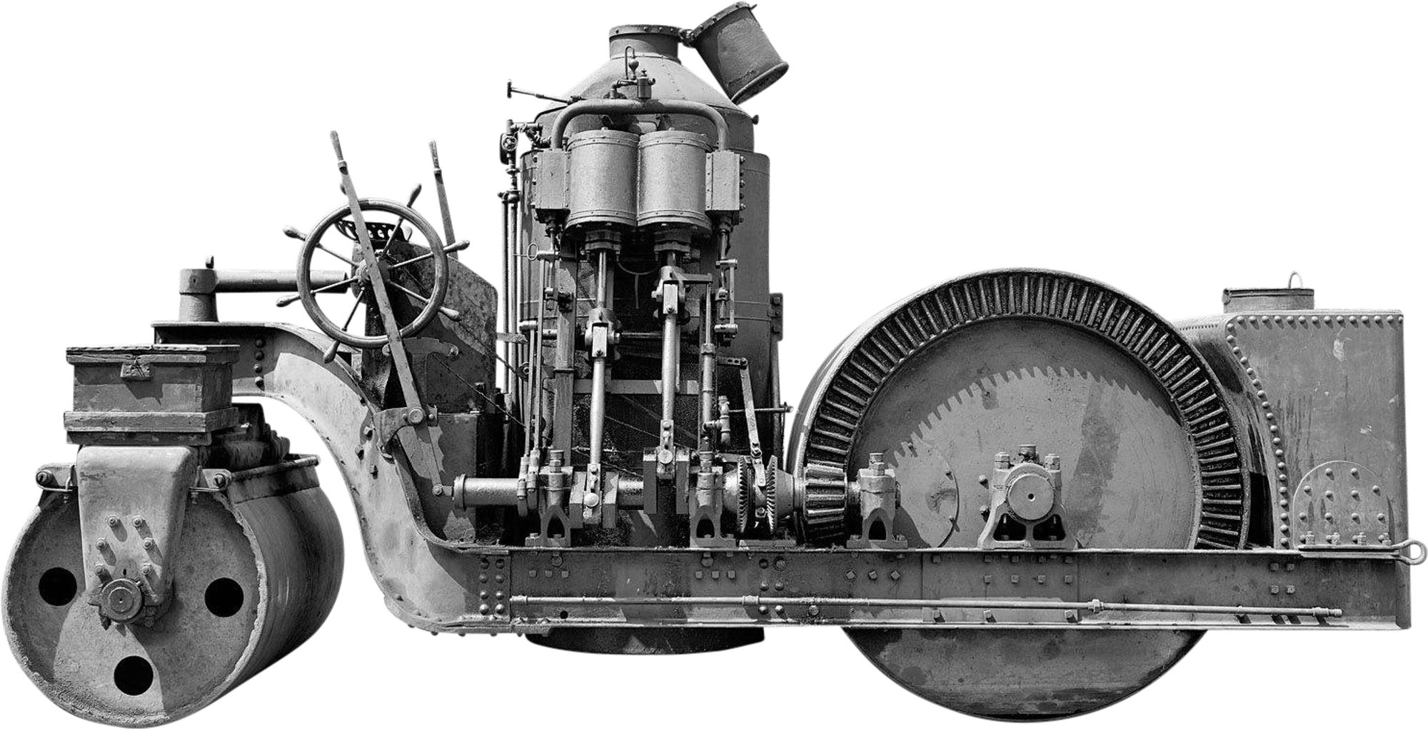 A black-and-white picture of a Lindelof Steam Roller.
