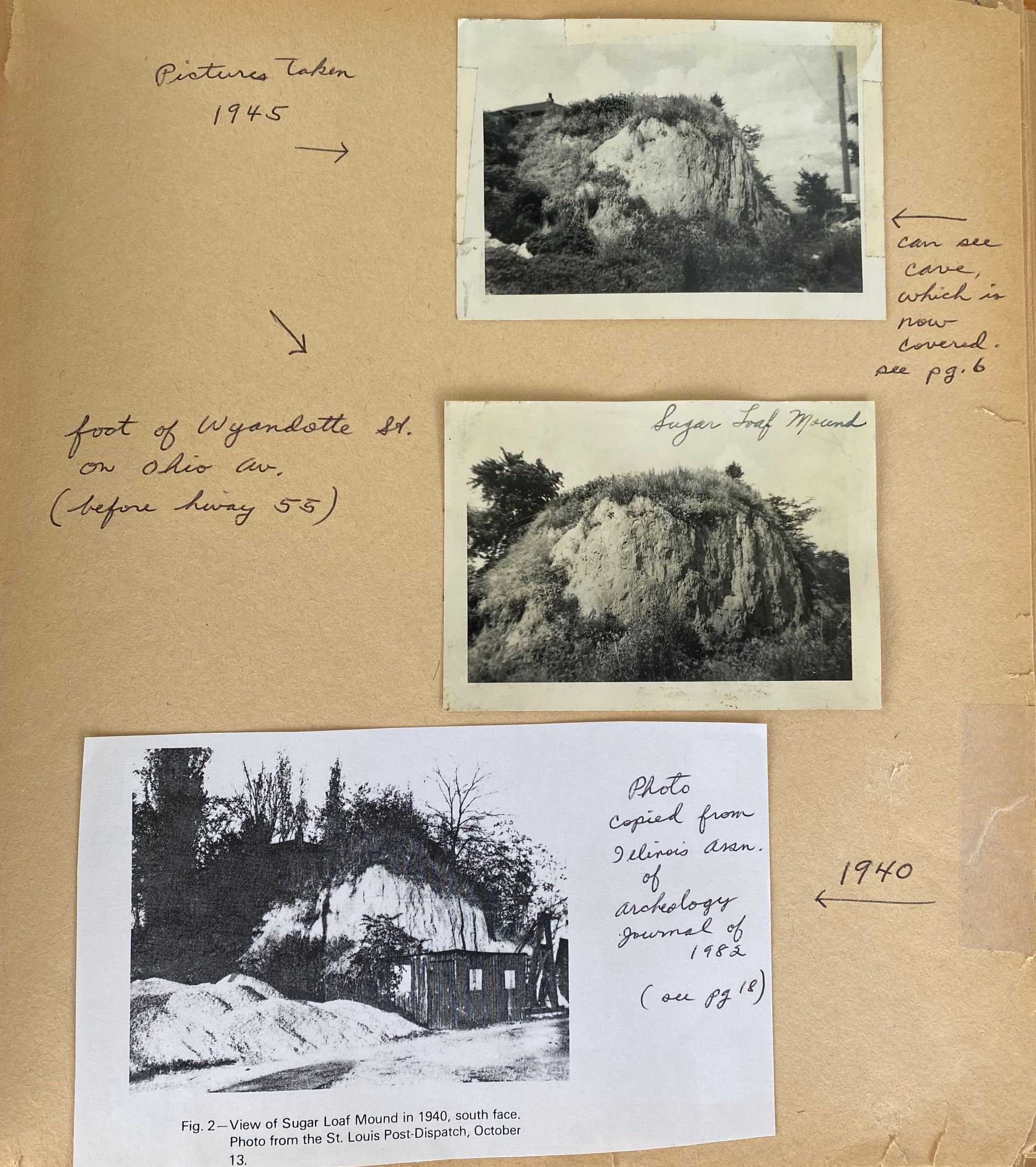 Old black and white images of a burial mound, with tight script handwriting detailing the subject matter of each image. 
