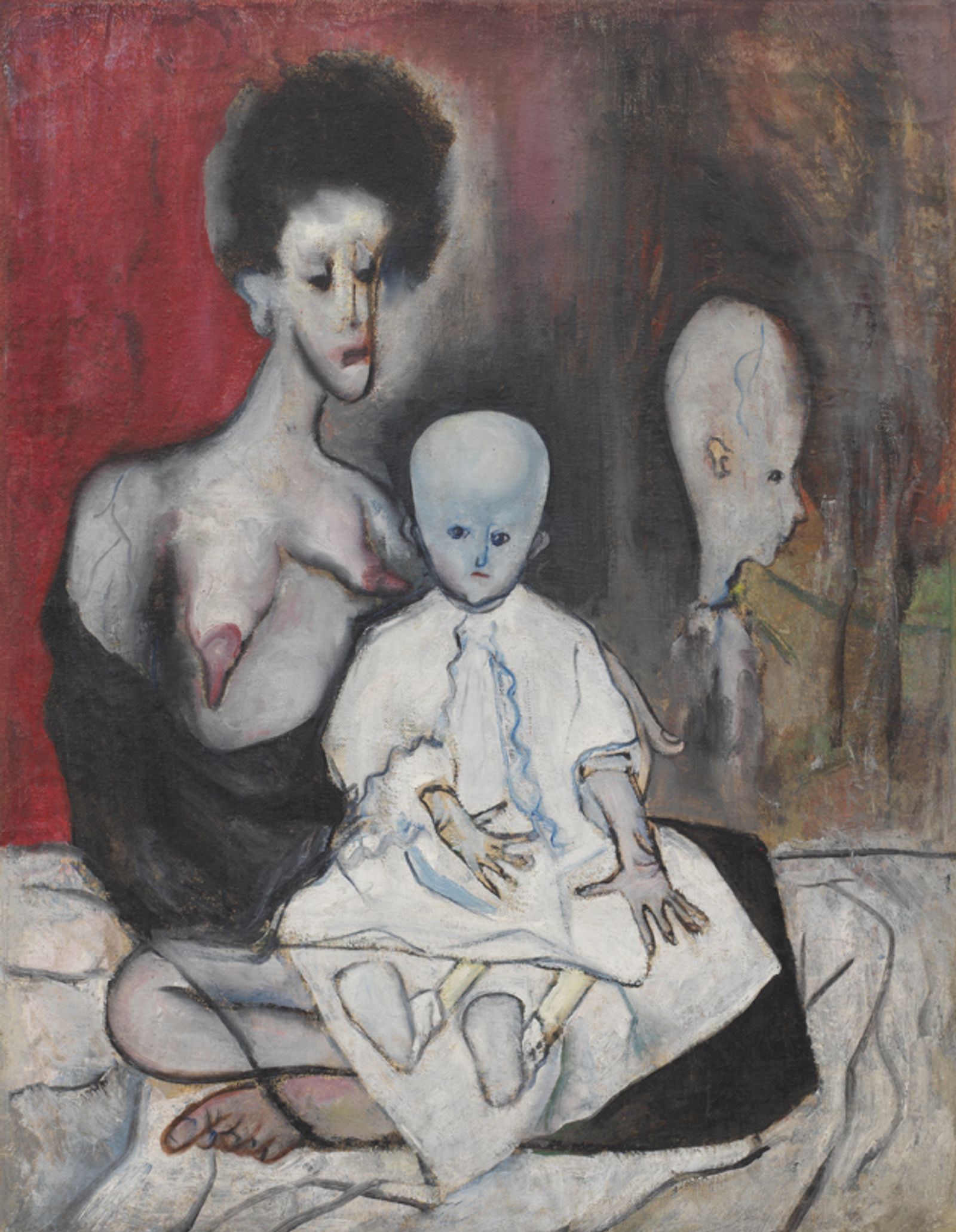 A black-haired woman with long, drooping facial features and topless with drooping, pointed breasts holds a bald, alien-like child, with another child hovering behind it.
