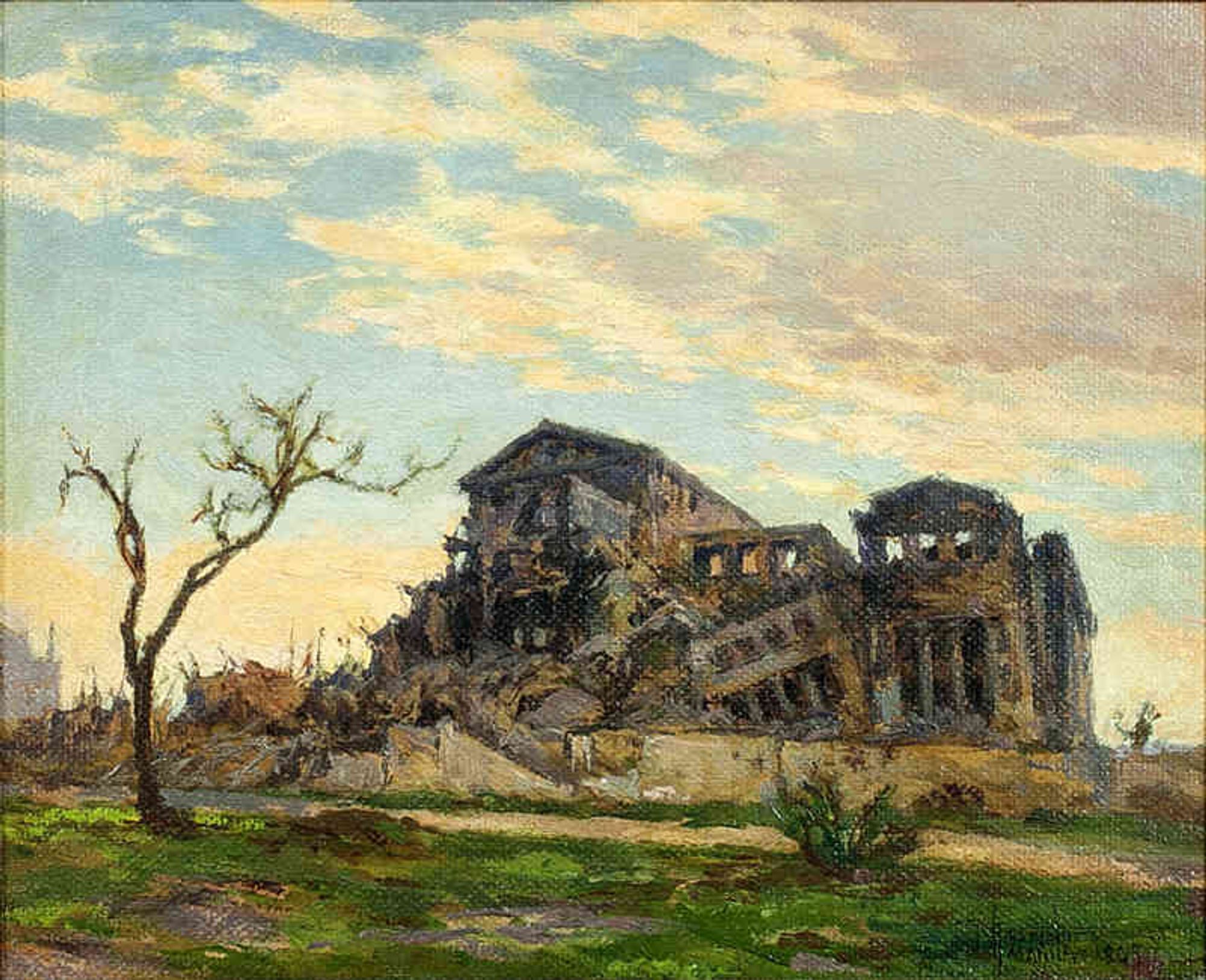 An oil painting of the ruins of the Legislative Building. It is crumbling toward the front and there is a leafless tree to the left.