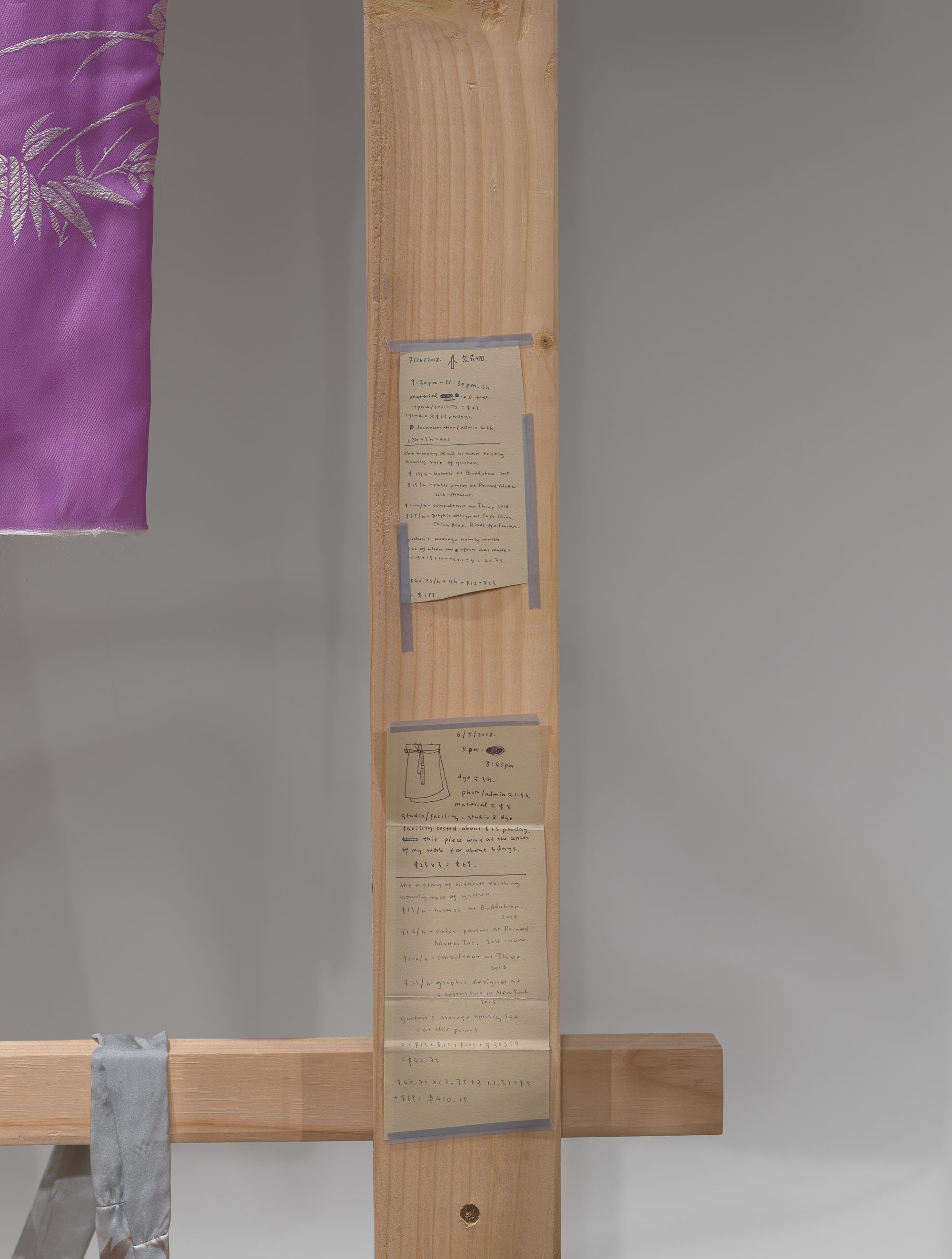 Small scraps of paper, each listing out the prices for garments in thin black pen, shown taped on wooden planks in a gallery space.