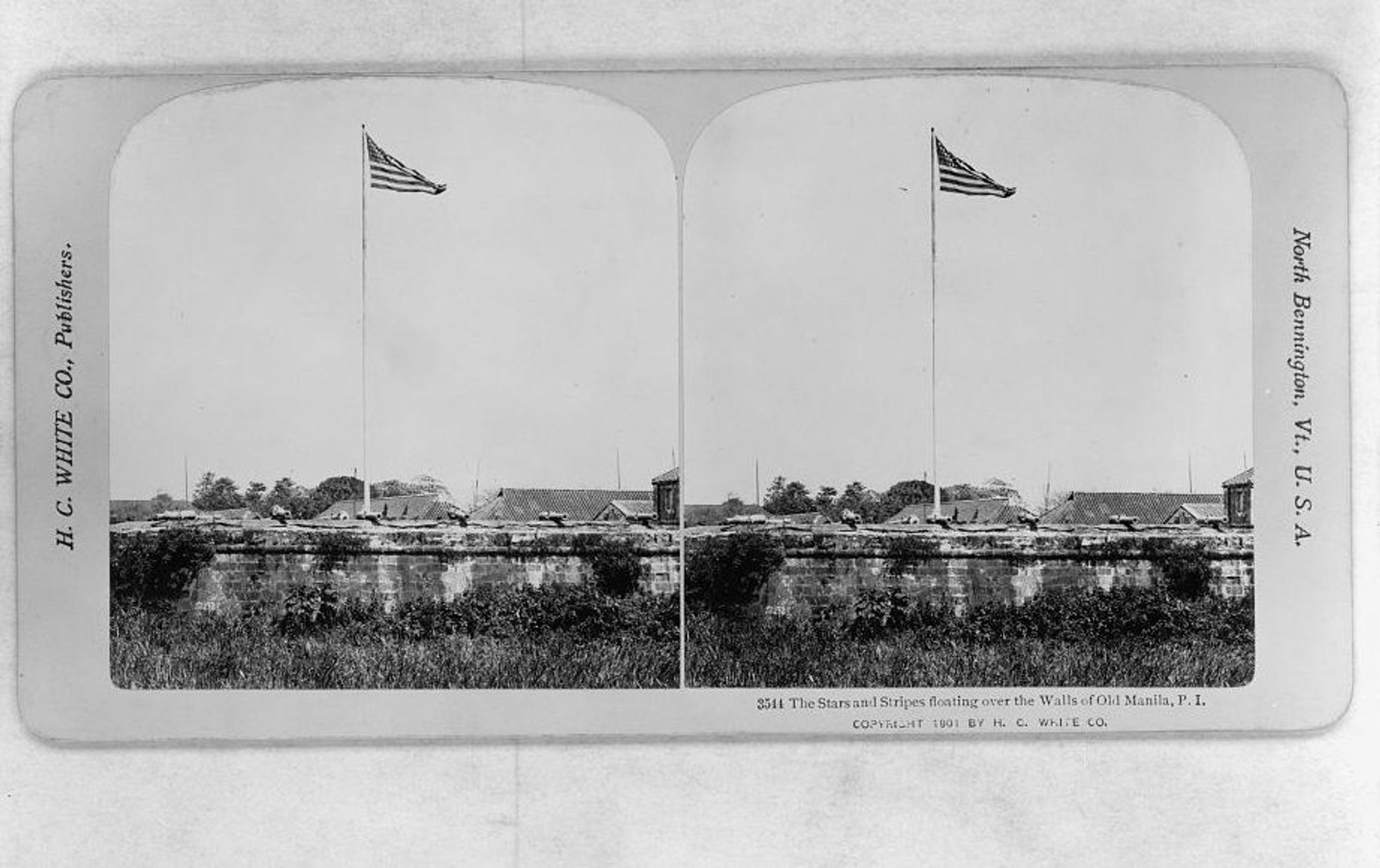 Two black-and-white images that show an American flag floating over Old Manila town. 